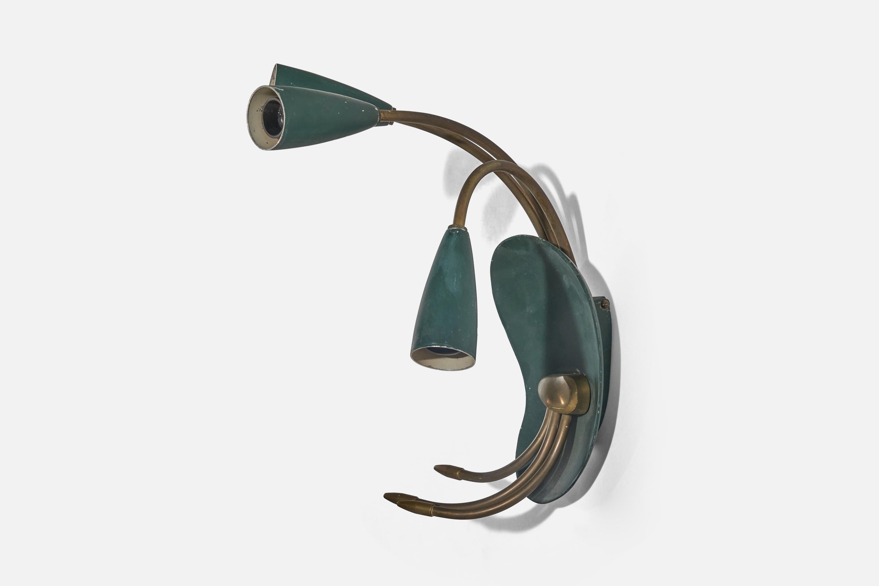 Italian Designer, Wall Lights, Brass, Green Lacquered Metal, Italy, 1950s For Sale 1