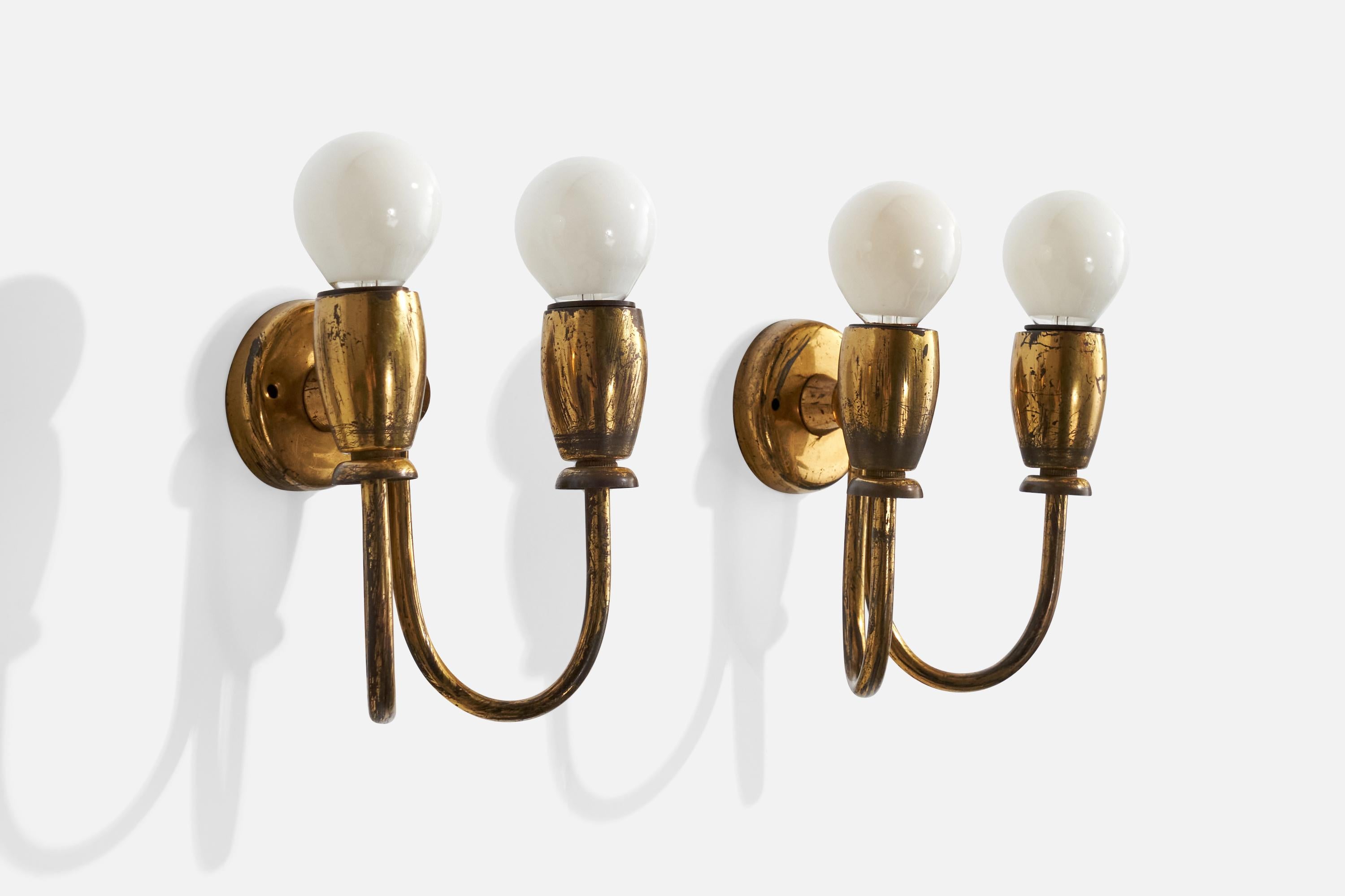 Modern Italian Designer, Wall Lights, Brass, Italy, 1930s