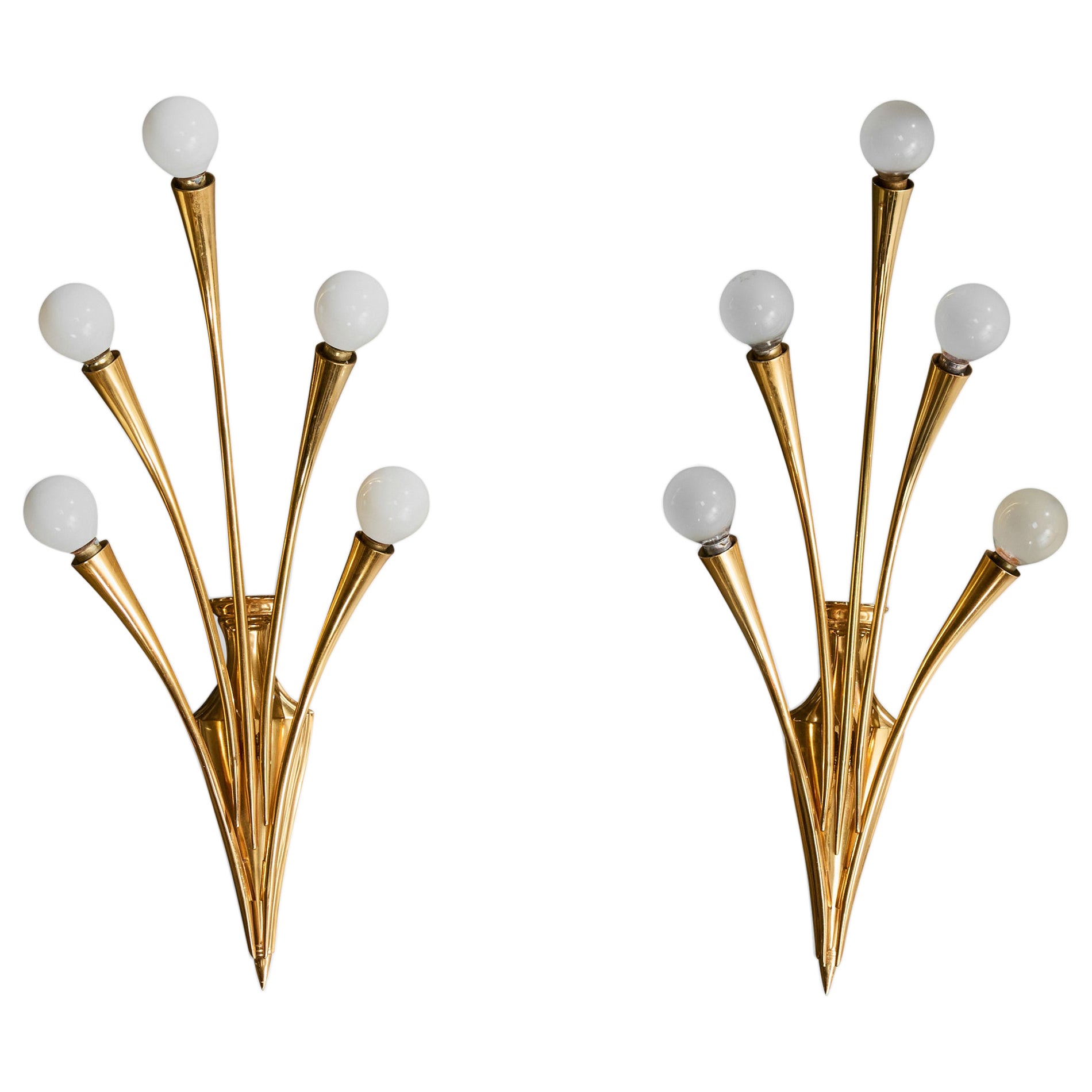 Italian Designer, Wall Lights, Brass, Italy, 1950s