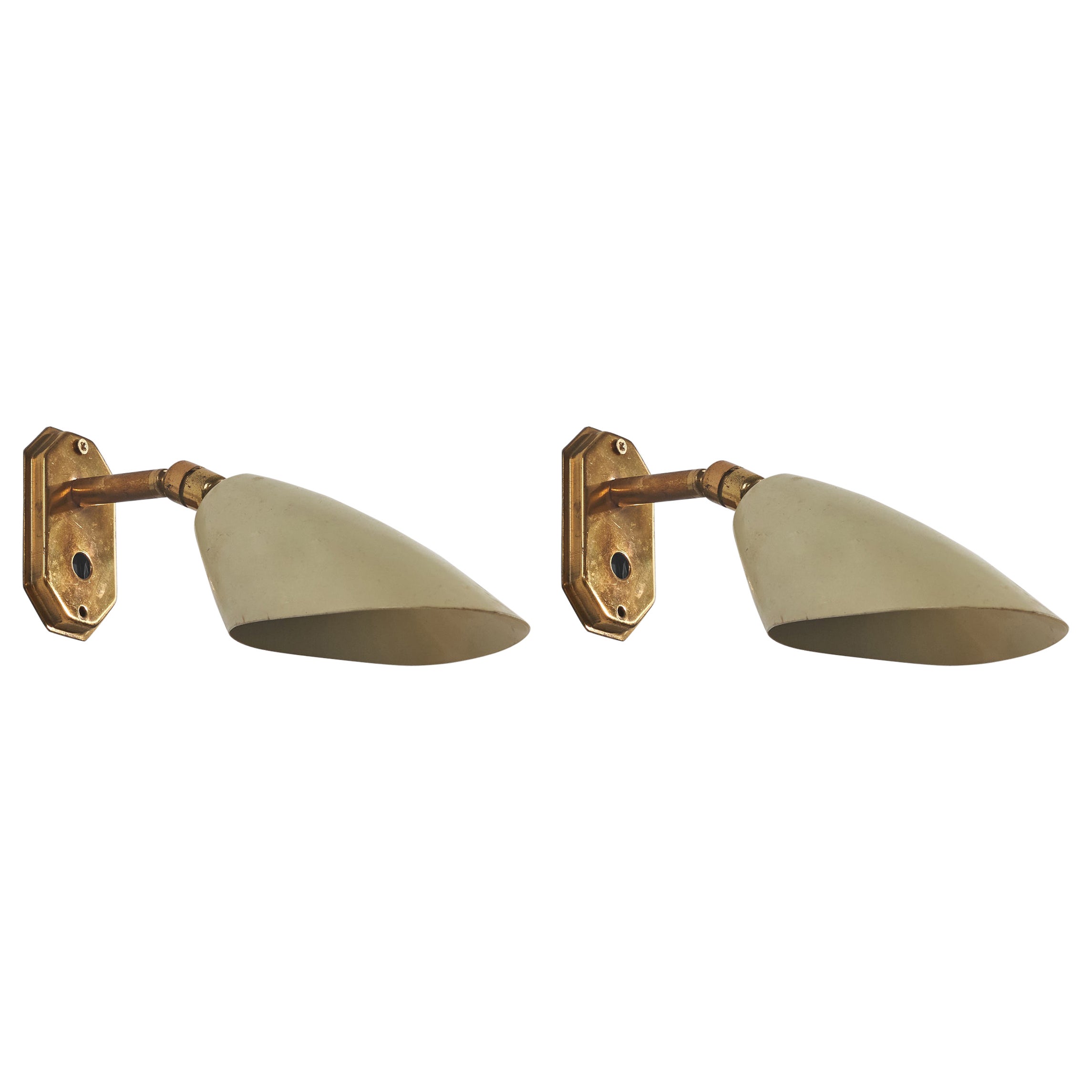 Italian Designer, Wall Lights, Brass, Light Green Lacquered Metal, Italy, 1950s For Sale