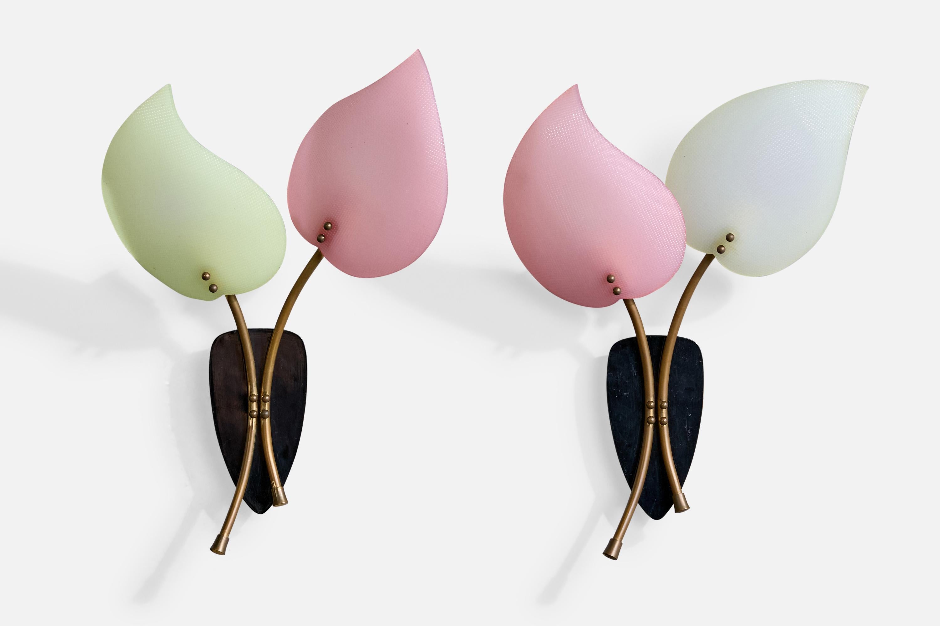 A pair of black-lacquered metal, brass and pink, green, blue acrylic wall lights designed and produced in Italy, c. 1950s.

Overall Dimensions (Inches): 15.5” H x 11” W x 4.375“ D

Back Plate Dimensions (Inches): 3.25” H x 1.125“ W x .625” D

Bulb