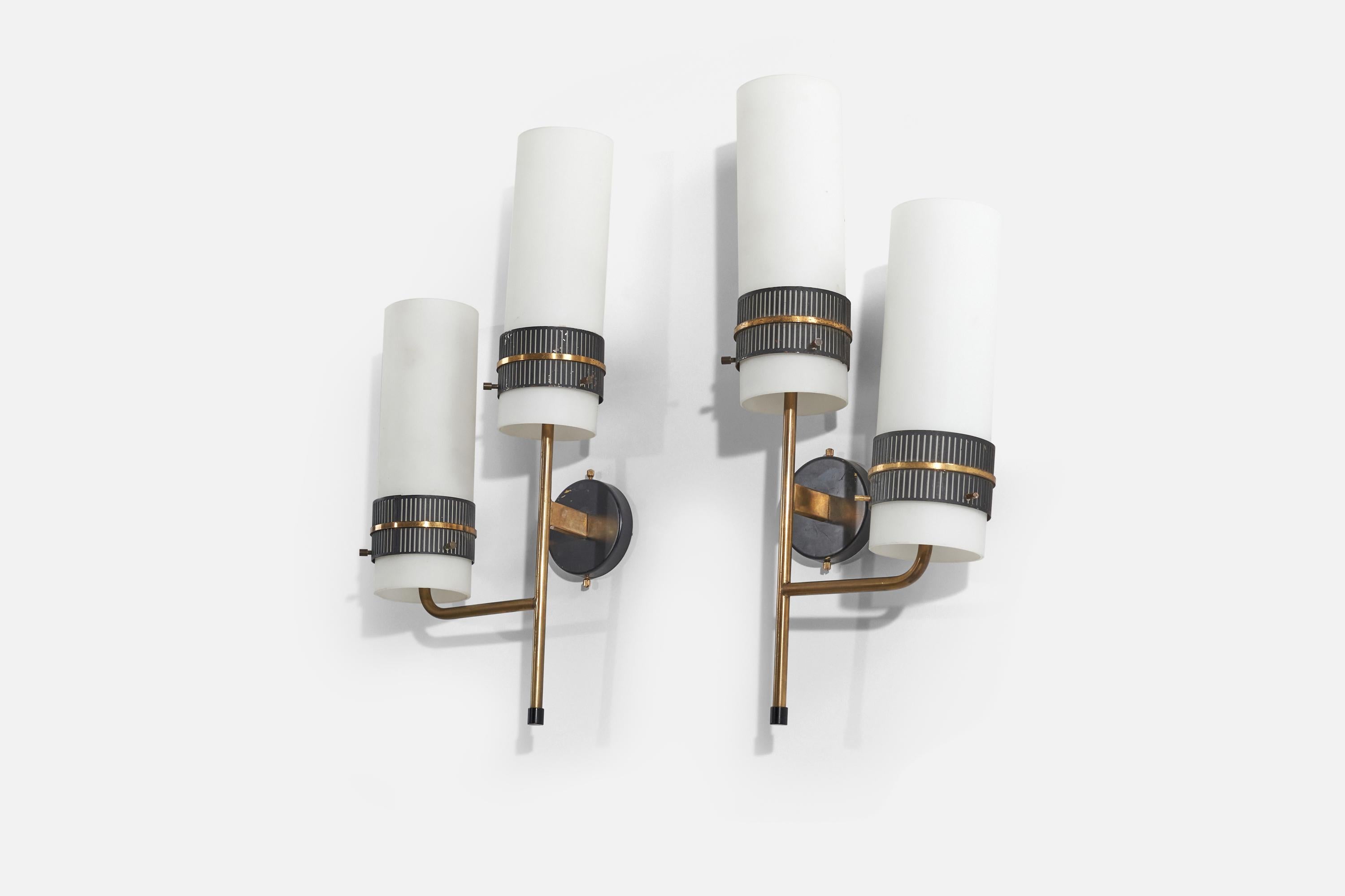 Mid-Century Modern Italian Designer, Wall Lights, Brass, Metal And Glass, Italy, c. 1950s For Sale