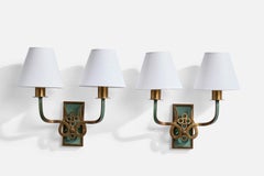 Italian Designer, Wall Lights, Brass, Metal, Fabric, Italy, 1930s