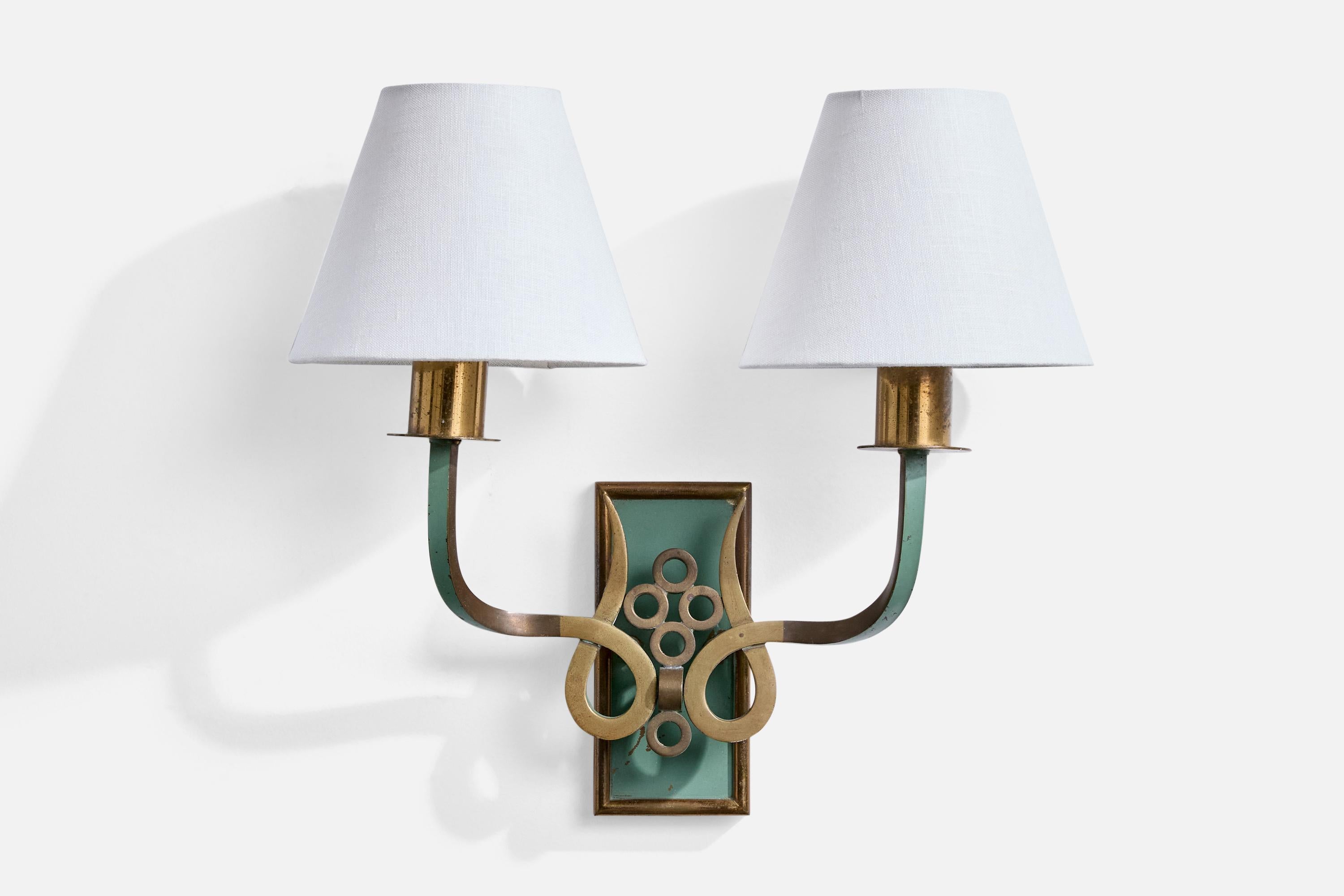 Mid-20th Century Italian Designer, Wall Lights, Brass, Metal, Fabric, Italy, 1930s For Sale