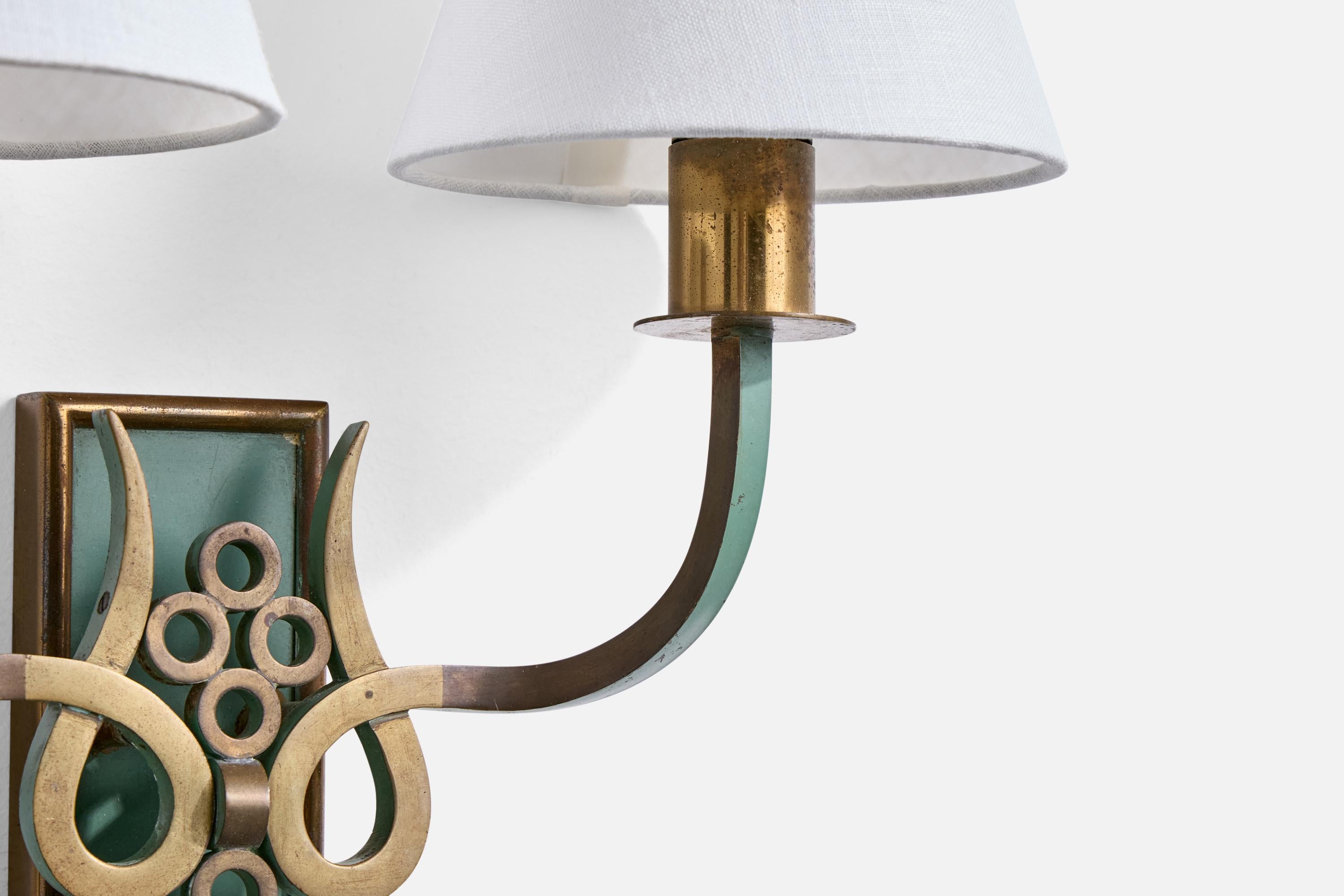 Italian Designer, Wall Lights, Brass, Metal, Fabric, Italy, 1930s For Sale 3
