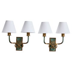 Italian Designer, Wall Lights, Brass, Metal, Fabric, Italy, 1930s