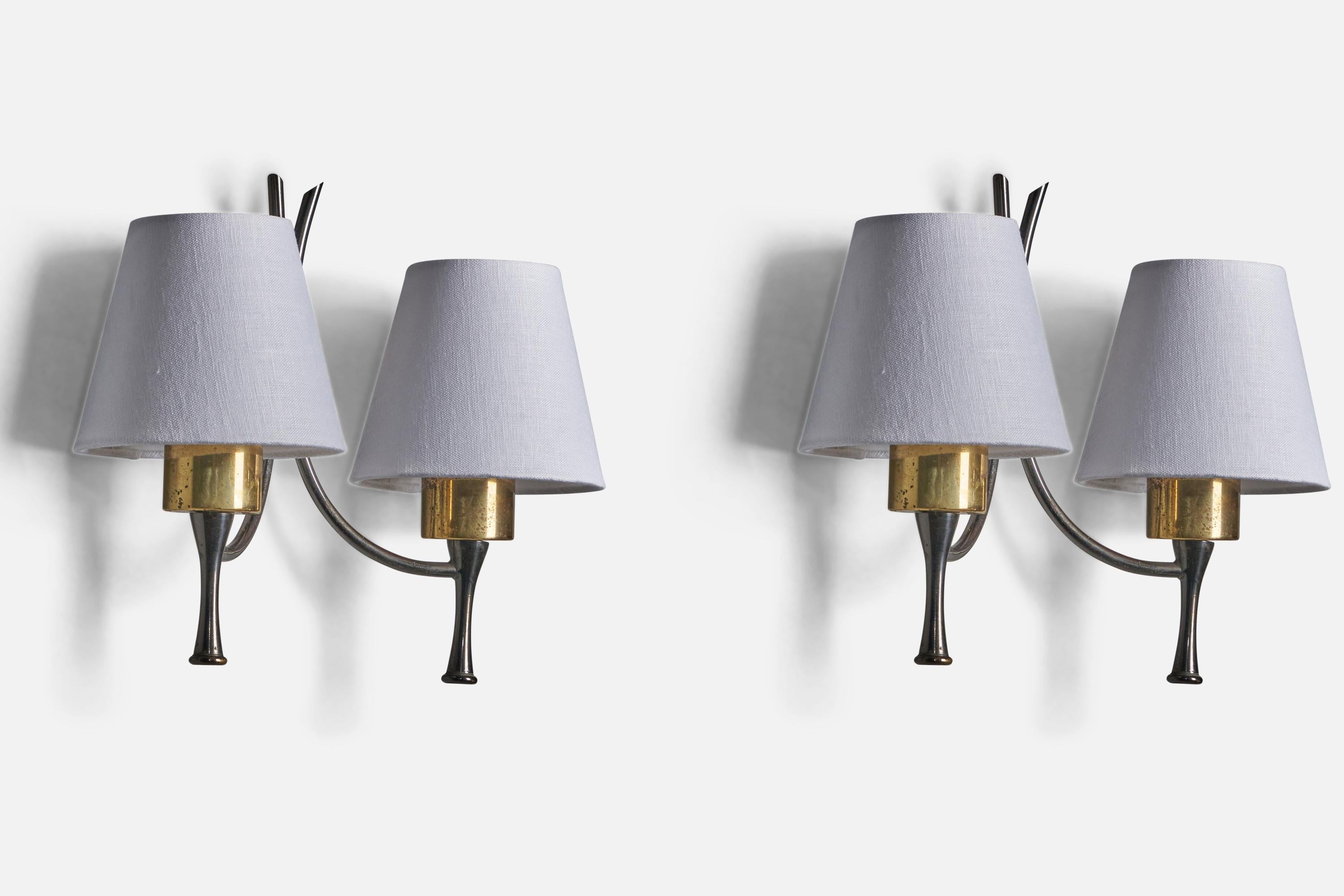 Mid-20th Century Italian Designer, Wall Lights, Brass, Metal, Fabric, Italy 1950s For Sale