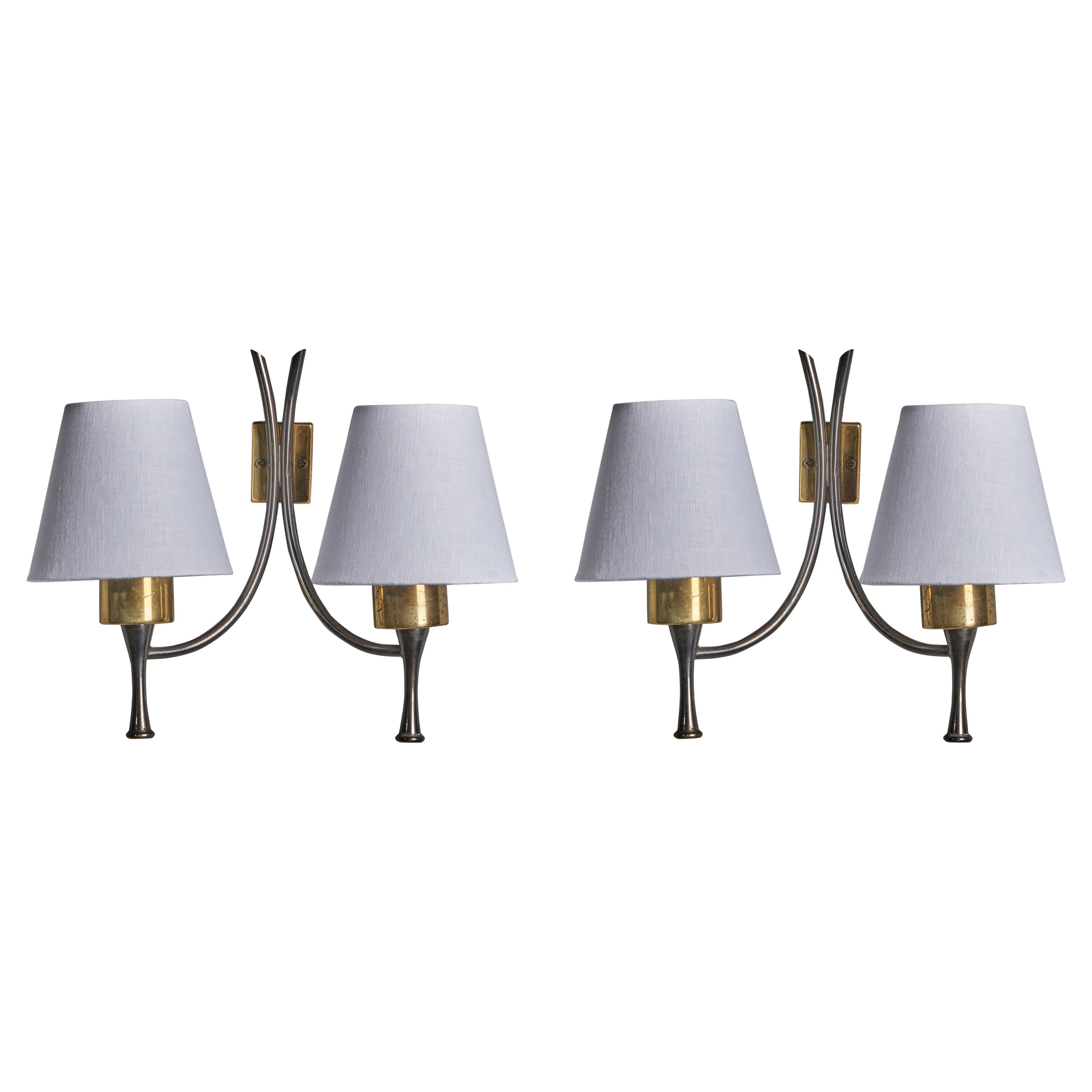 Italian Designer, Wall Lights, Brass, Metal, Fabric, Italy 1950s