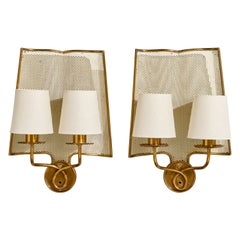 Italian Designer, Wall Lights, Brass, Metal, Fabric, Italy, 1950s