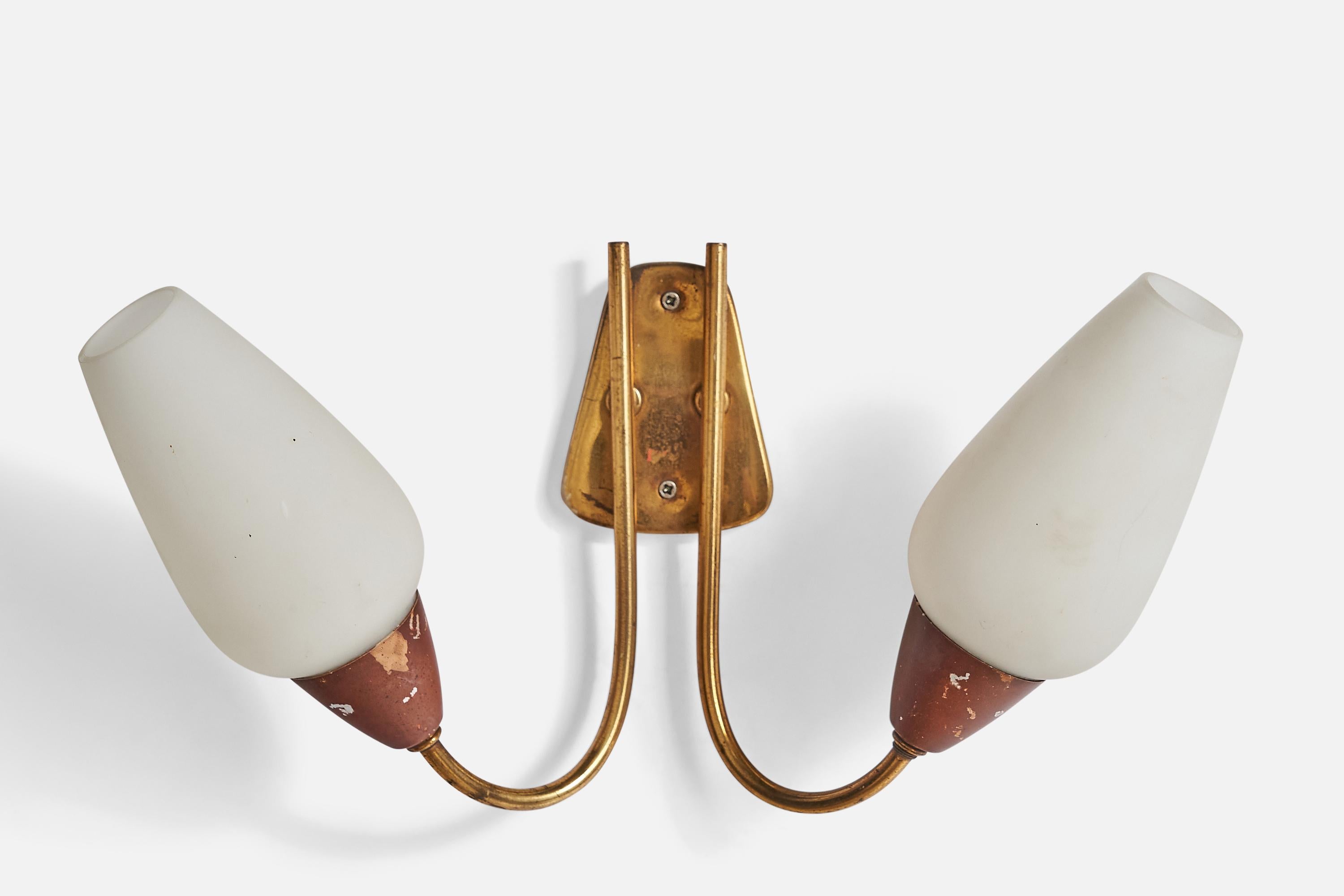 Mid-20th Century Italian Designer, Wall Lights, Brass, Metal, Glass, Italy, 1940s For Sale