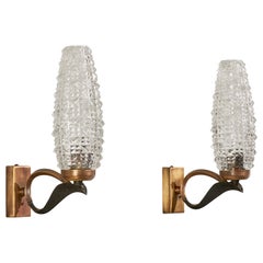 Italian Designer, Wall Lights, Brass, Metal, Glass, Italy, 1940s