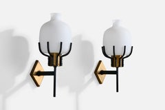 Italian Designer, Wall Lights, Brass, Metal, Glass, Italy, 1950s
