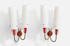 Italian Designer, Wall Lights, Brass, Metal, Glass, Italy, 1950s