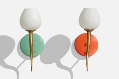 Italian Designer, Wall Lights, Brass, Metal, Glass, Italy, 1950s