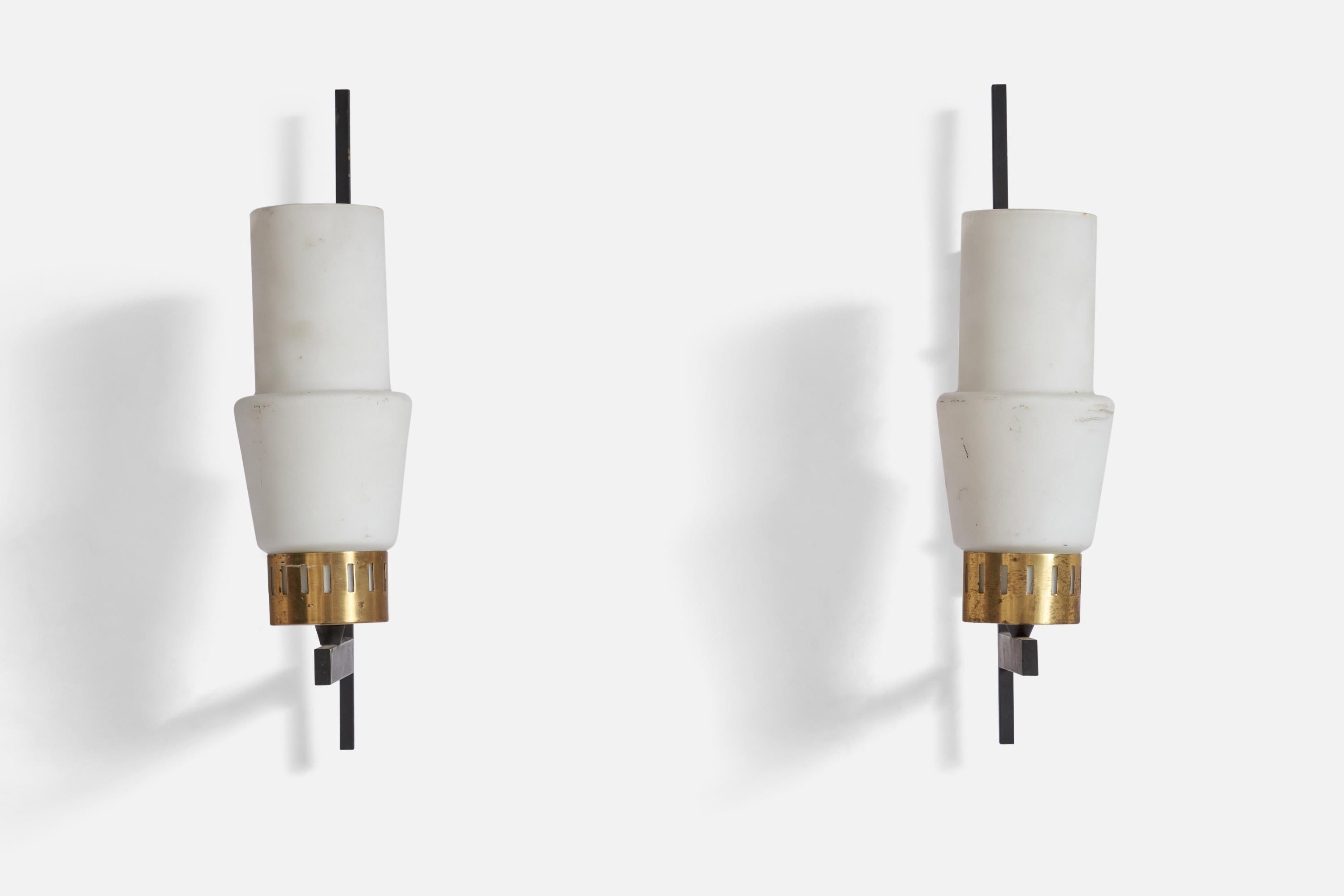 Mid-Century Modern Italian Designer, Wall Lights, Brass, Metal, Glass, Italy, 1950s For Sale