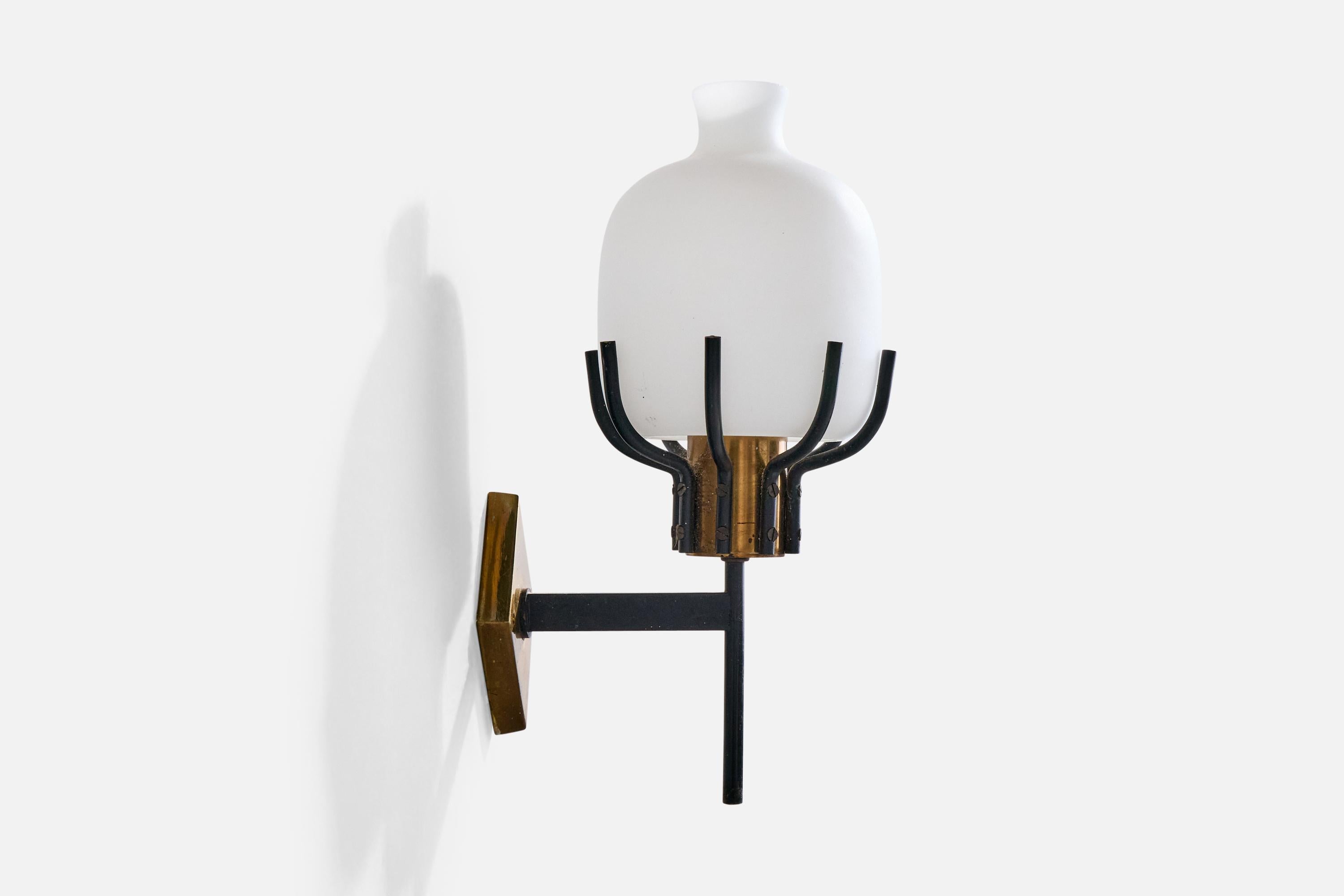 Mid-20th Century Italian Designer, Wall Lights, Brass, Metal, Glass, Italy, 1950s