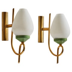 Italian Designer, Wall Lights, Brass, Metal, Glass, Italy, 1950s