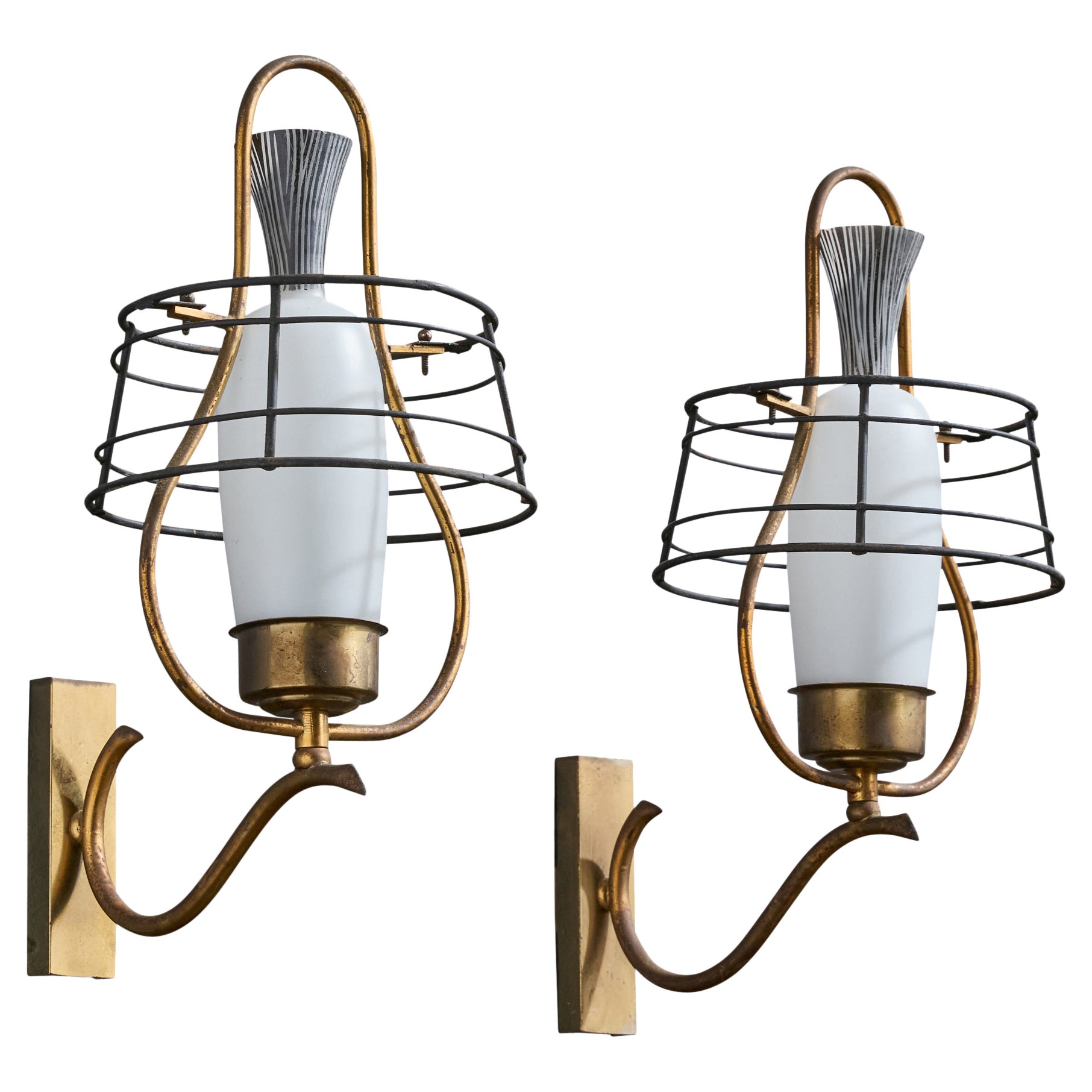 Designer italiano, Luci da parete, Ottone, Metallo, Vetro, Italia, anni
50