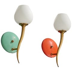 Italian Designer, Wall Lights, Brass, Metal, Glass, Italy, 1950s