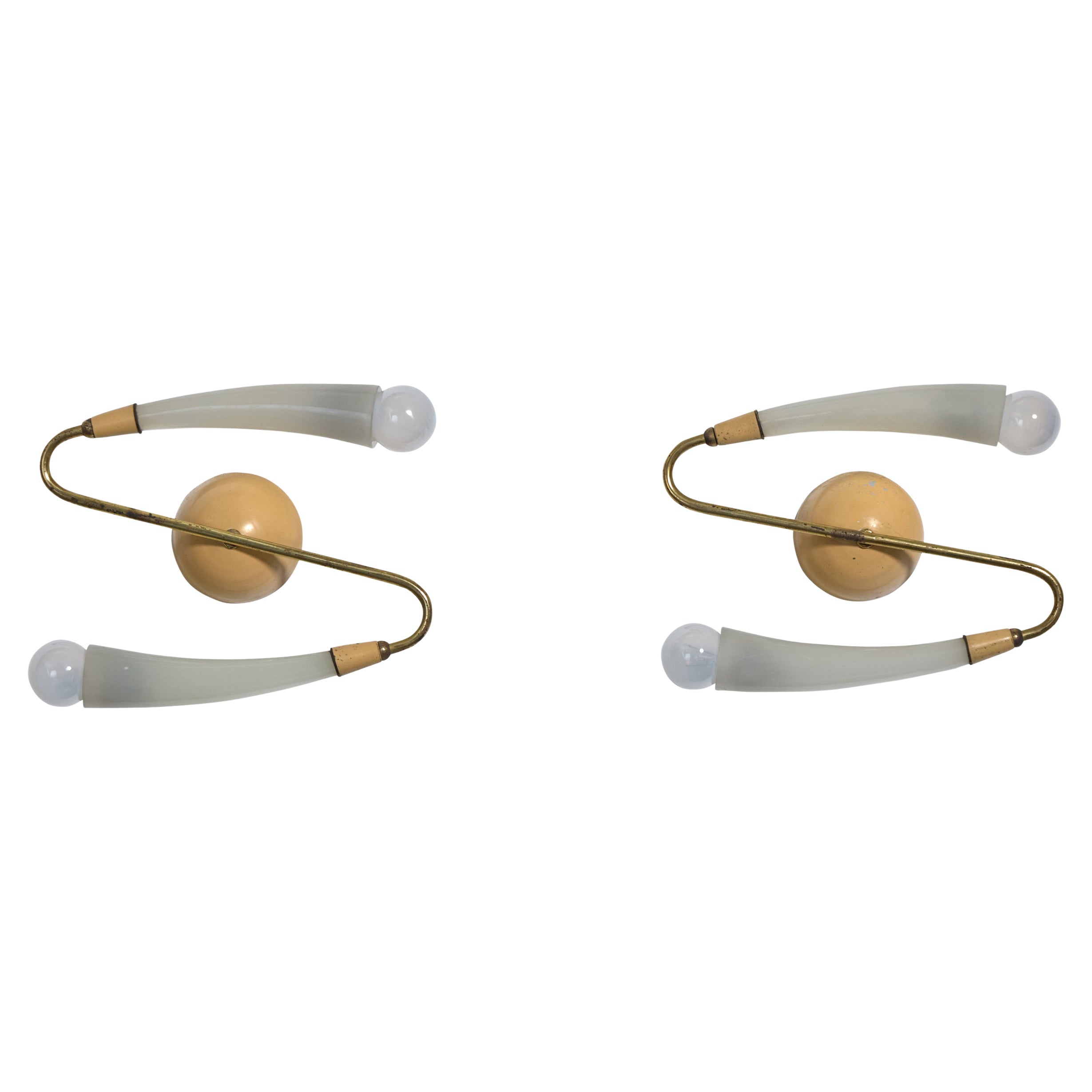 Italian Designer, Wall Lights, Brass, Metal, Glass, Italy, 1950s For Sale