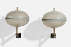 Italian Designer, Wall Lights, Brass, Metal, Glass, Italy, 1960s