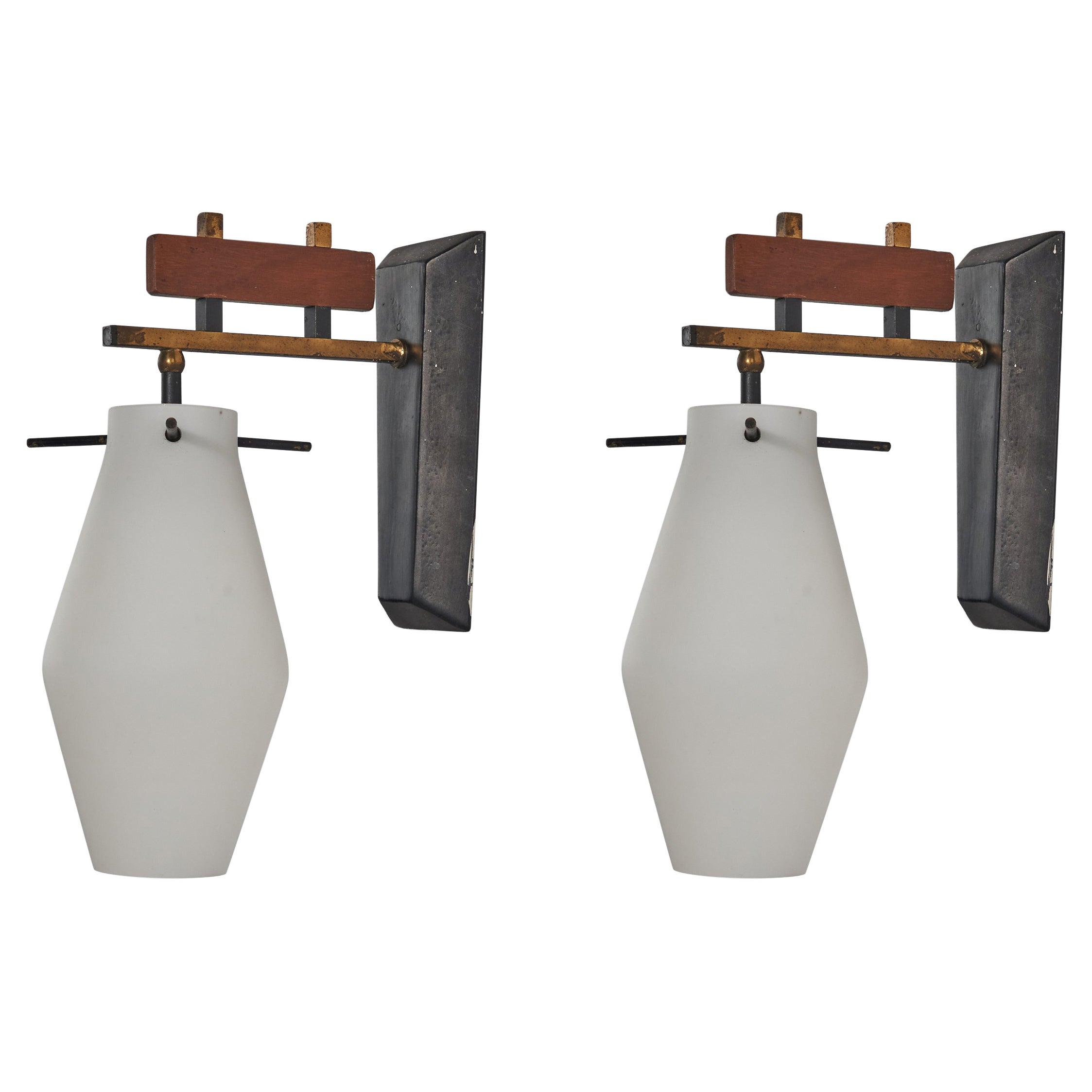 Italian Designer, Wall Lights, Brass, Metal, Glass, Teak, Italy, 1950s For Sale