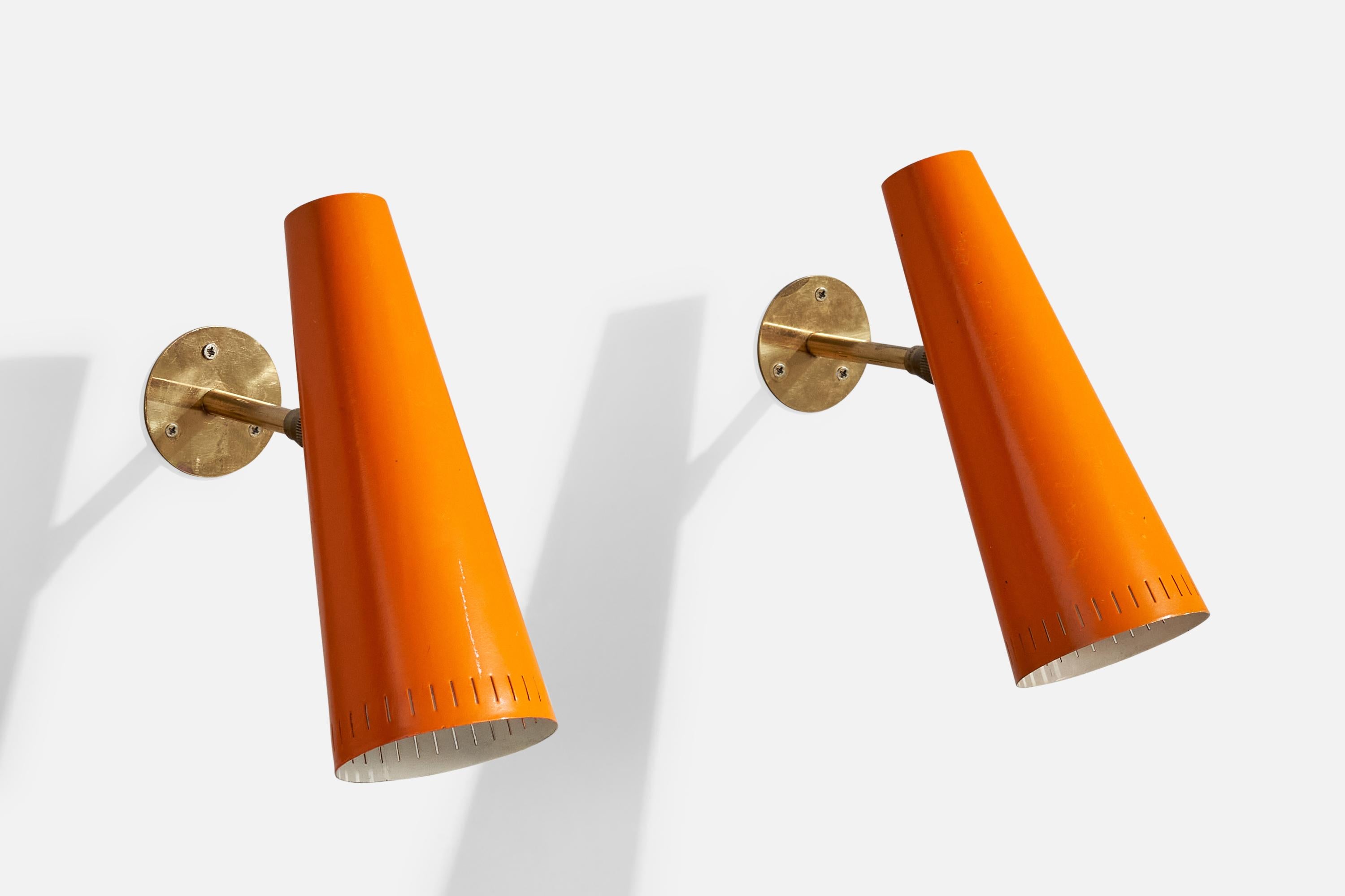 A pair of adjustable brass and orange-lacquered metal wall lights designed and produced in Italy, c. 1950s.

Overall Dimensions (Inches): 8.25” H x 3.25” W x 7.25” D

Back Plate Dimensions (Inches): 2.4” H x 2.4“ W x .075” D

Bulb Specifications:
