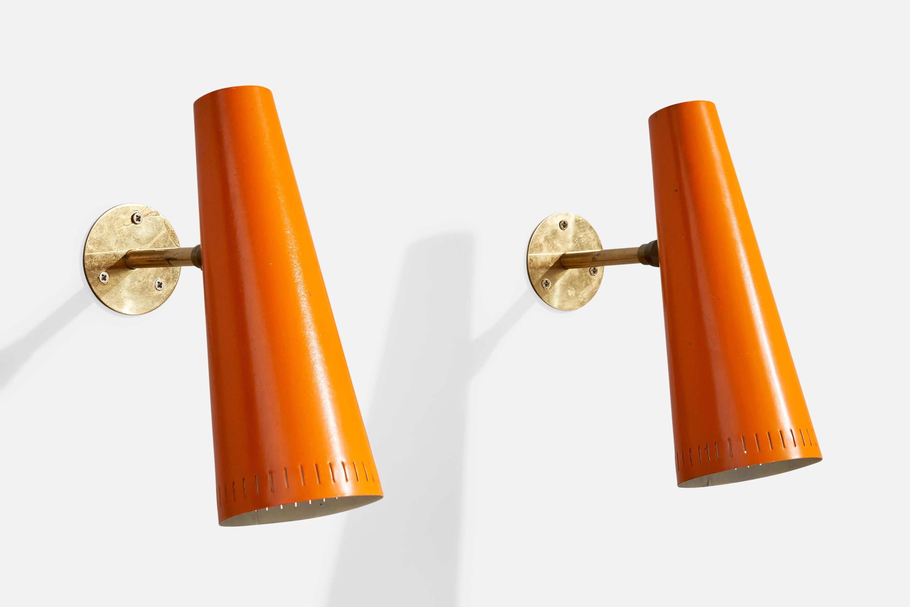 A pair of adjustable brass and orange-lacquered metal wall lights designed and produced in Italy, c. 1950s.

Overall Dimensions (Inches): 8.25” H x 3.25” W x 7.25” D

Back Plate Dimensions (Inches): 2.4” H x 2.4“ W x .075” D

Bulb Specifications:
