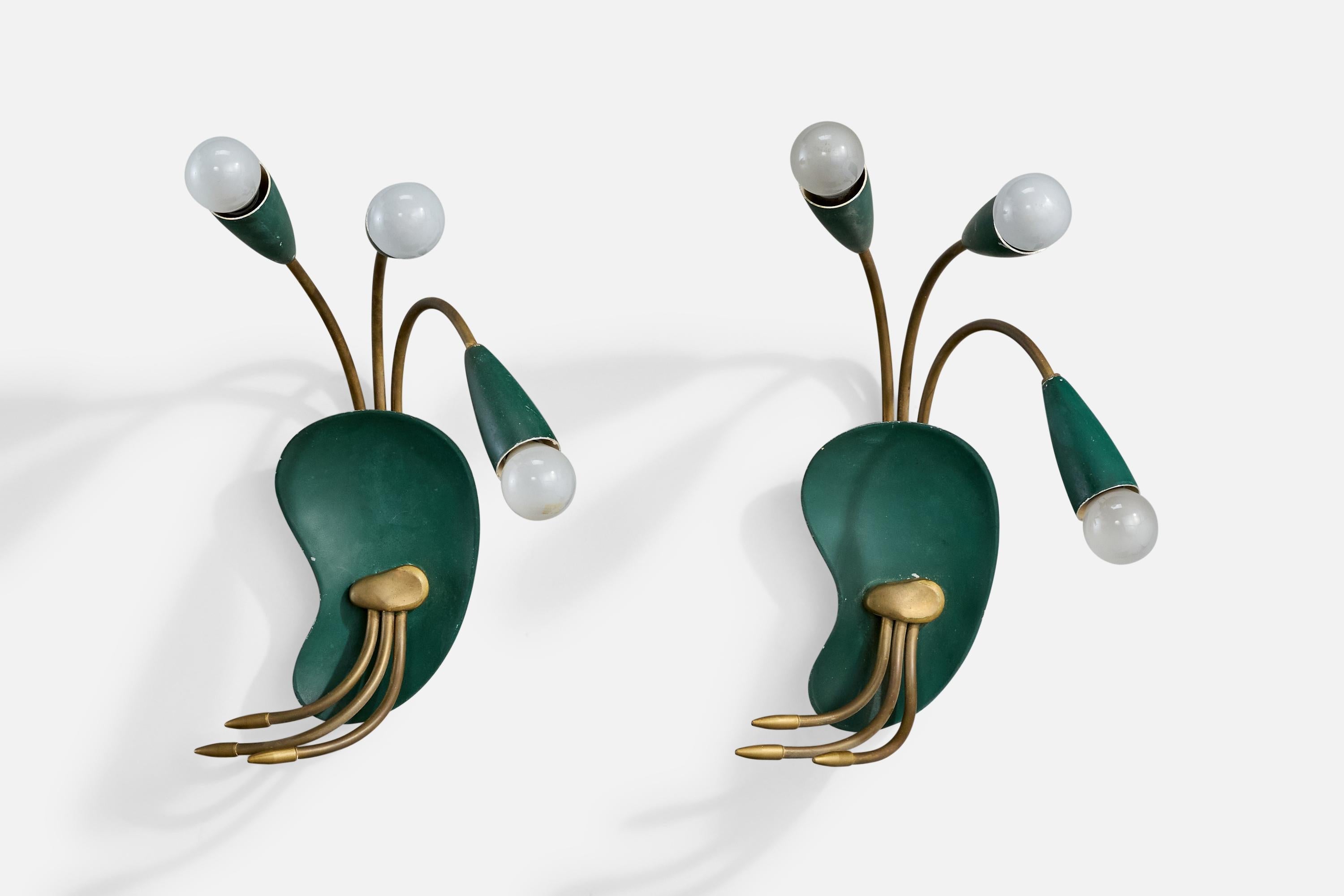 A pair of green-lacquered metal and brass wall lights designed and produced in Italy, c. 1950s.

Overall Dimensions (Inches): 18.0