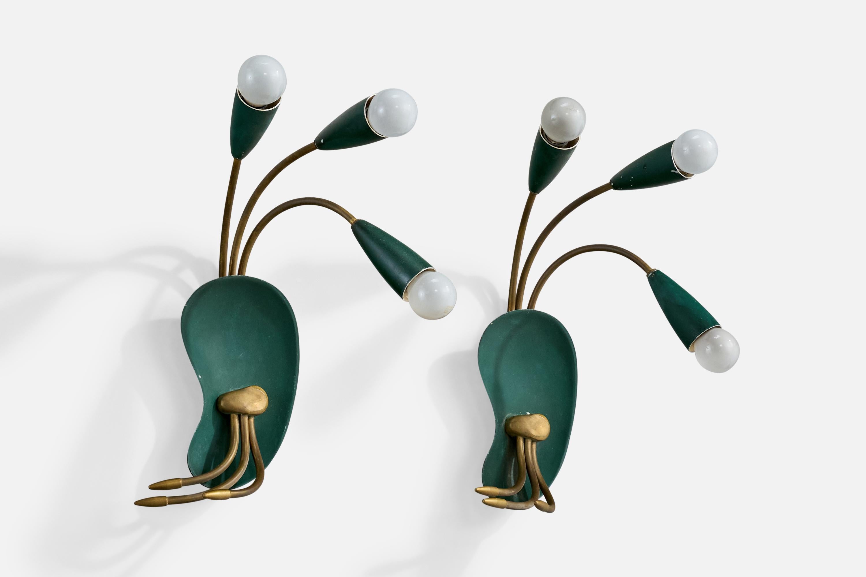 Mid-Century Modern Italian Designer, Wall Lights, Brass, Metal, Italy, 1950s For Sale