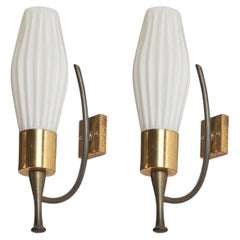 Italian Designer, Wall Lights, Brass, Metal, Milk Glass, Italy, 1950s
