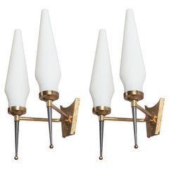 Italian Designer, Wall Lights, Brass, Metal, Milk Glass, Italy, 1950s