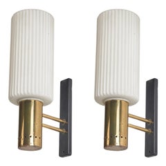 Vintage Italian Designer, Wall Lights, Brass, Metal, Milk Glass, Italy, 1950s