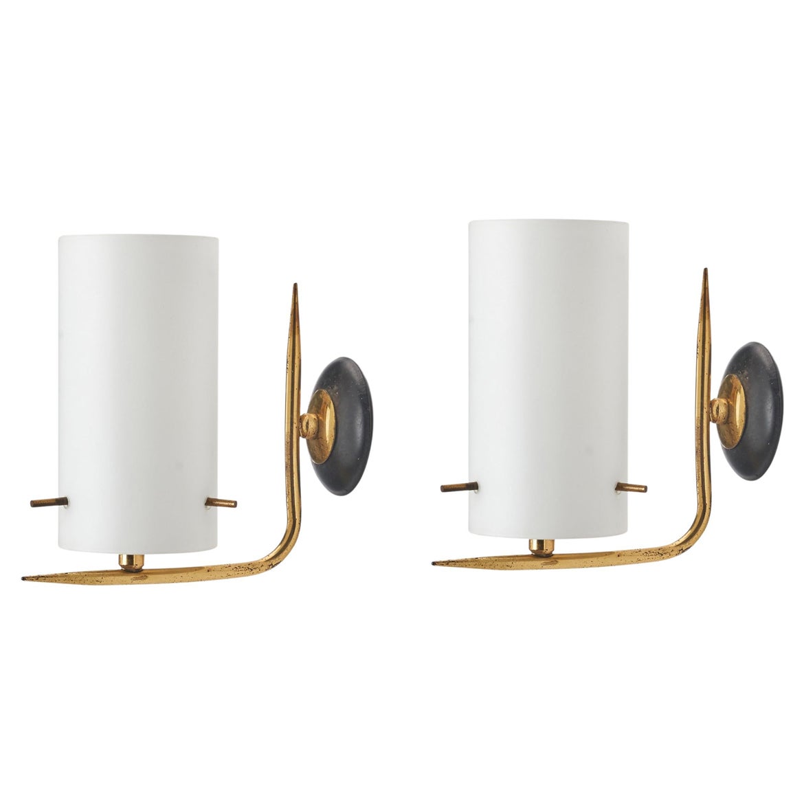 Italian Designer, Wall Lights, Brass, Metal, Milk Glass, Italy, 1950s