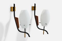 Italian Designer, Wall Lights, Brass, Metal, Teak, Glass, Italy, 1950s