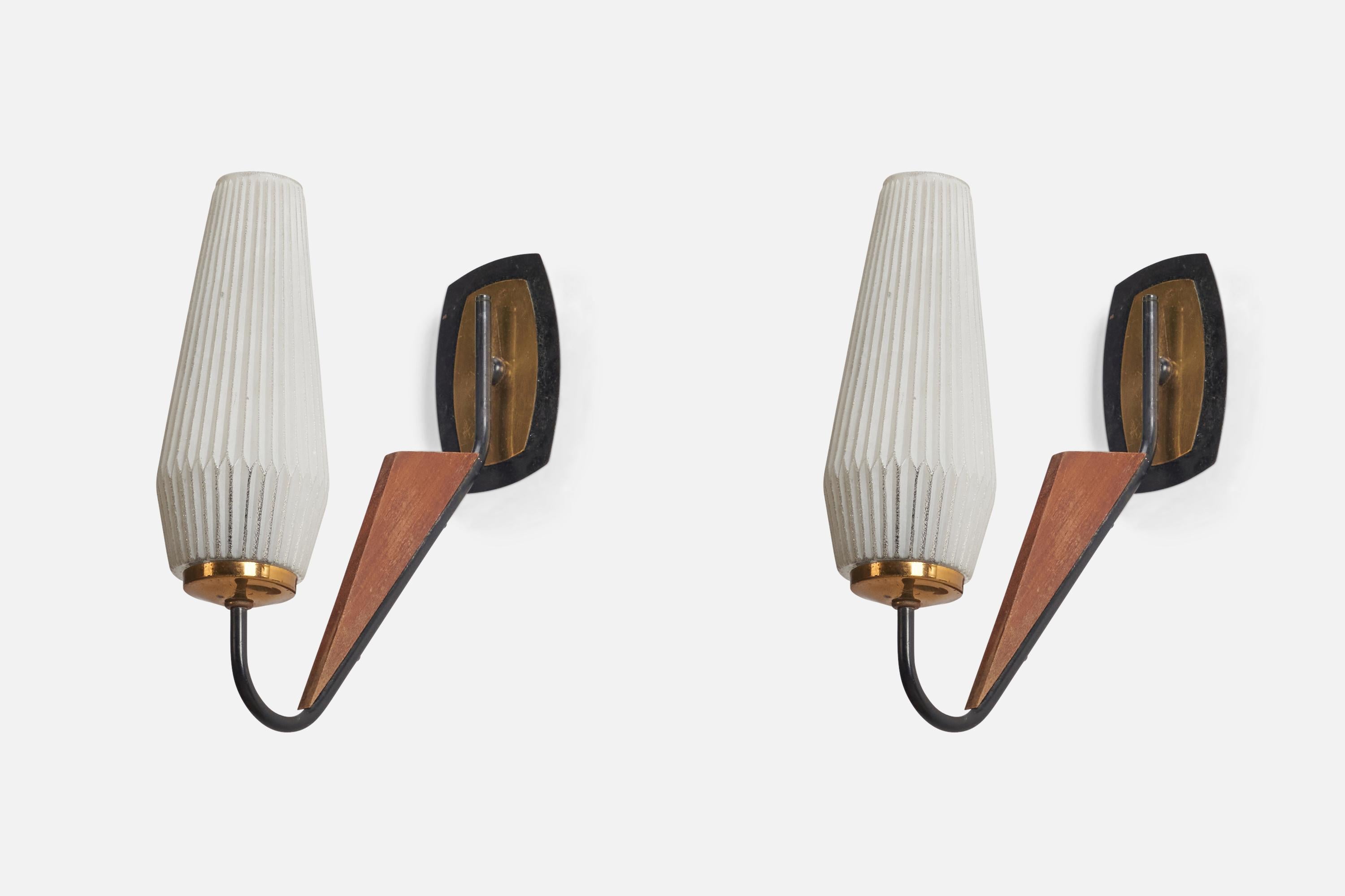 A pair of brass, metal, teak and milk glass wall lights designed and produced by an Italian Designer, Italy, 1950s.
