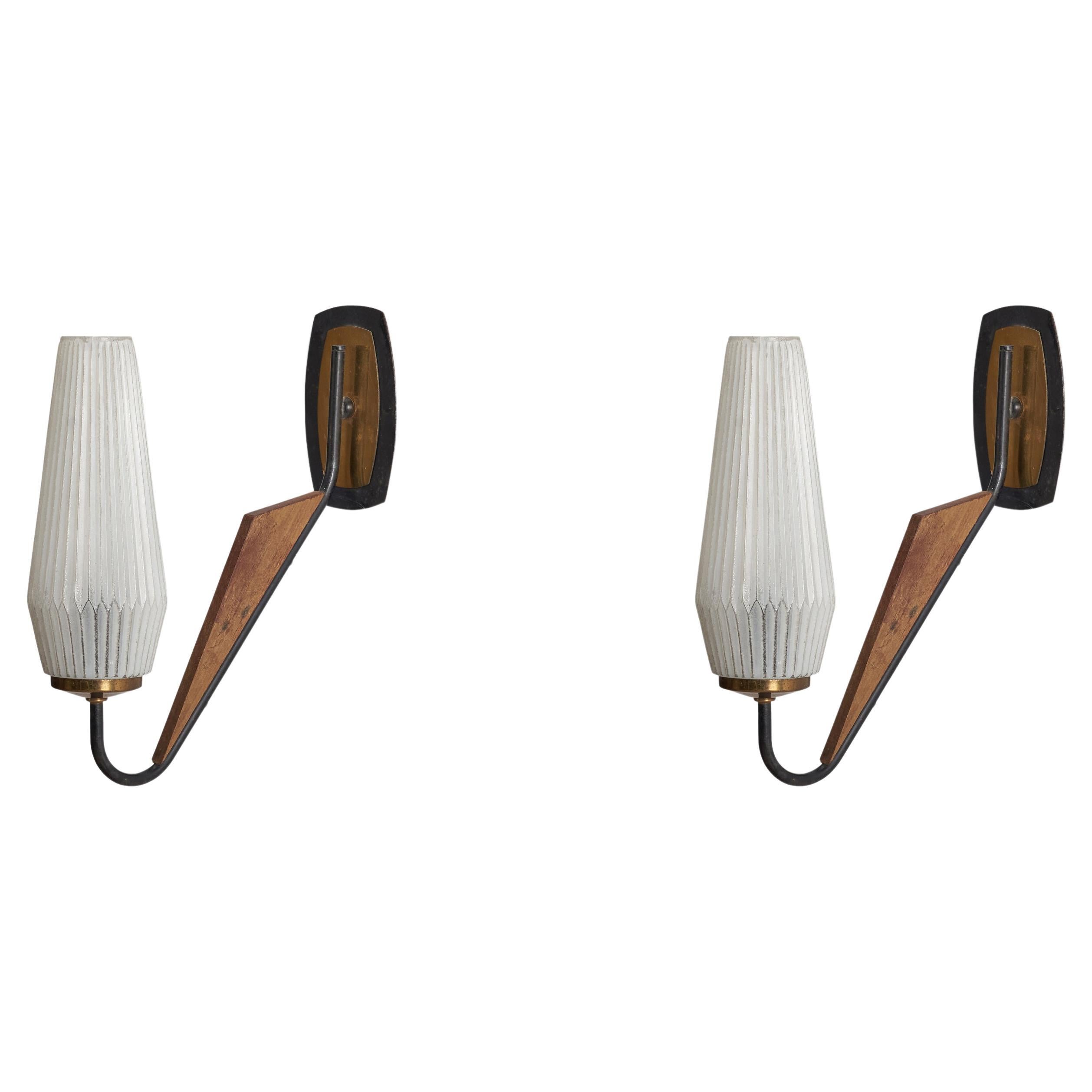 Italian Designer, Wall Lights, Brass, Metal, Teak, Milk Glass, Italy, 1950s For Sale