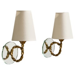 Italian Designer, Wall Lights, Brass, Mirror, Fabric, Italy, 1950s