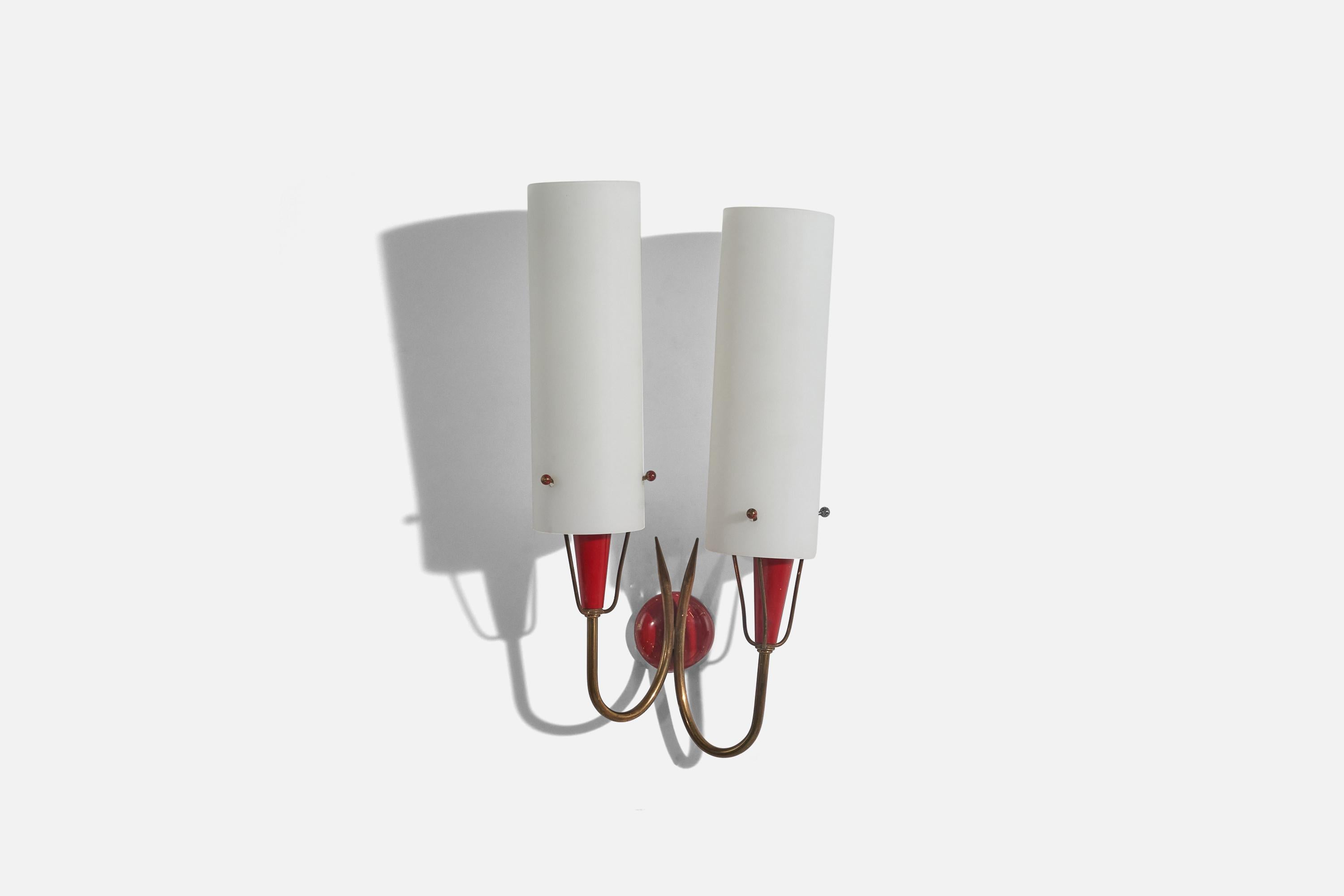 A pair of two-armed brass, red-lacquered metal and glass wall lights designed and produced by an Italian designer, Italy, 1950s.

Dimensions of back plate (inches) : 2.38 x 2.38 x 0.60 (height x width x depth).

Socket takes E-14 bulb. 
There