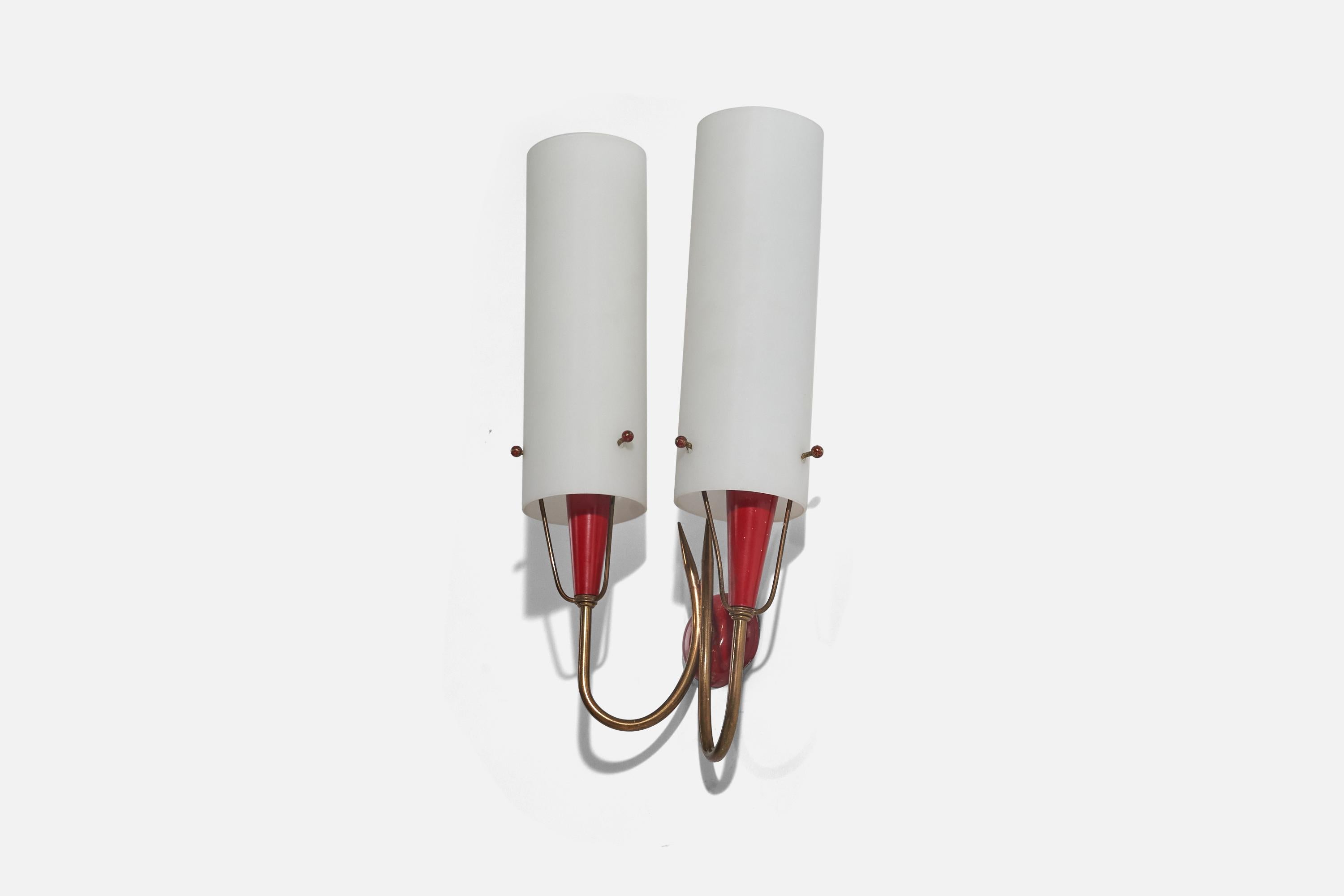 Mid-Century Modern Italian Designer, Wall Lights, Brass, Red-Lacquered Metal, Glass, Italy, 1950s For Sale