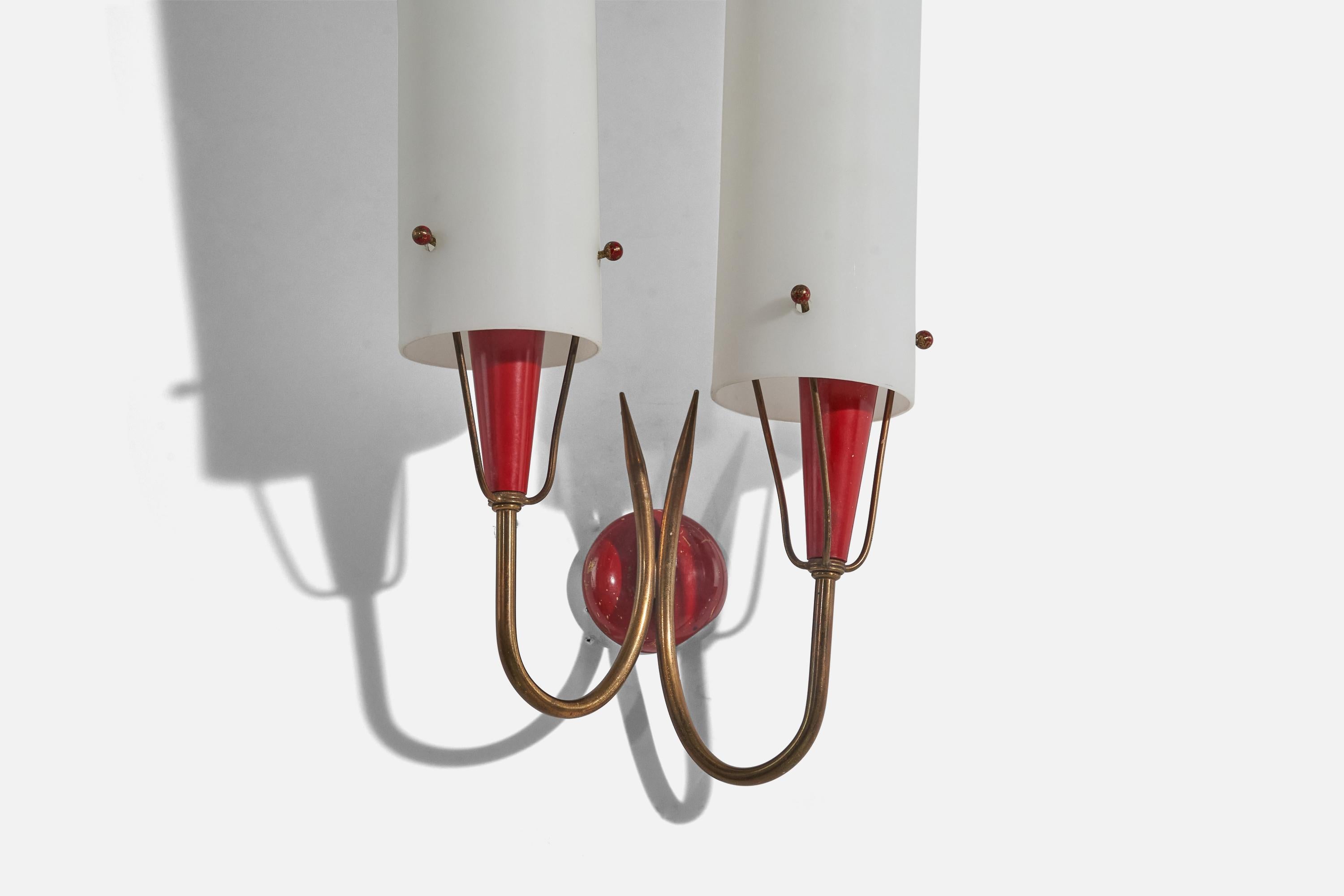 Mid-20th Century Italian Designer, Wall Lights, Brass, Red-Lacquered Metal, Glass, Italy, 1950s For Sale