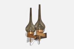 Italian Designer, Wall Lights, Brass, Smoked Glass, 1950s