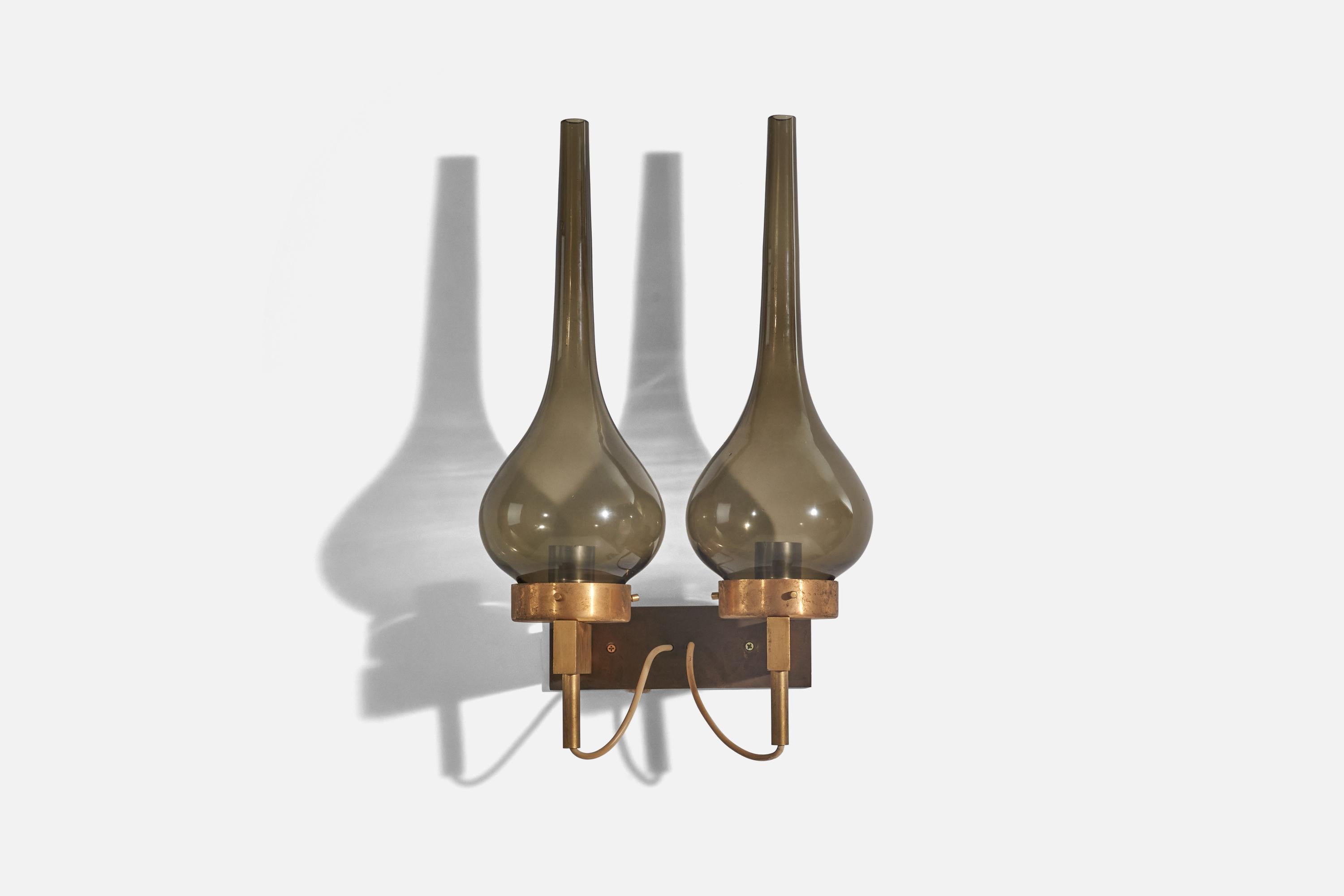 Mid-20th Century Italian Designer, Wall Lights, Brass, Smoked Glass, 1950s For Sale