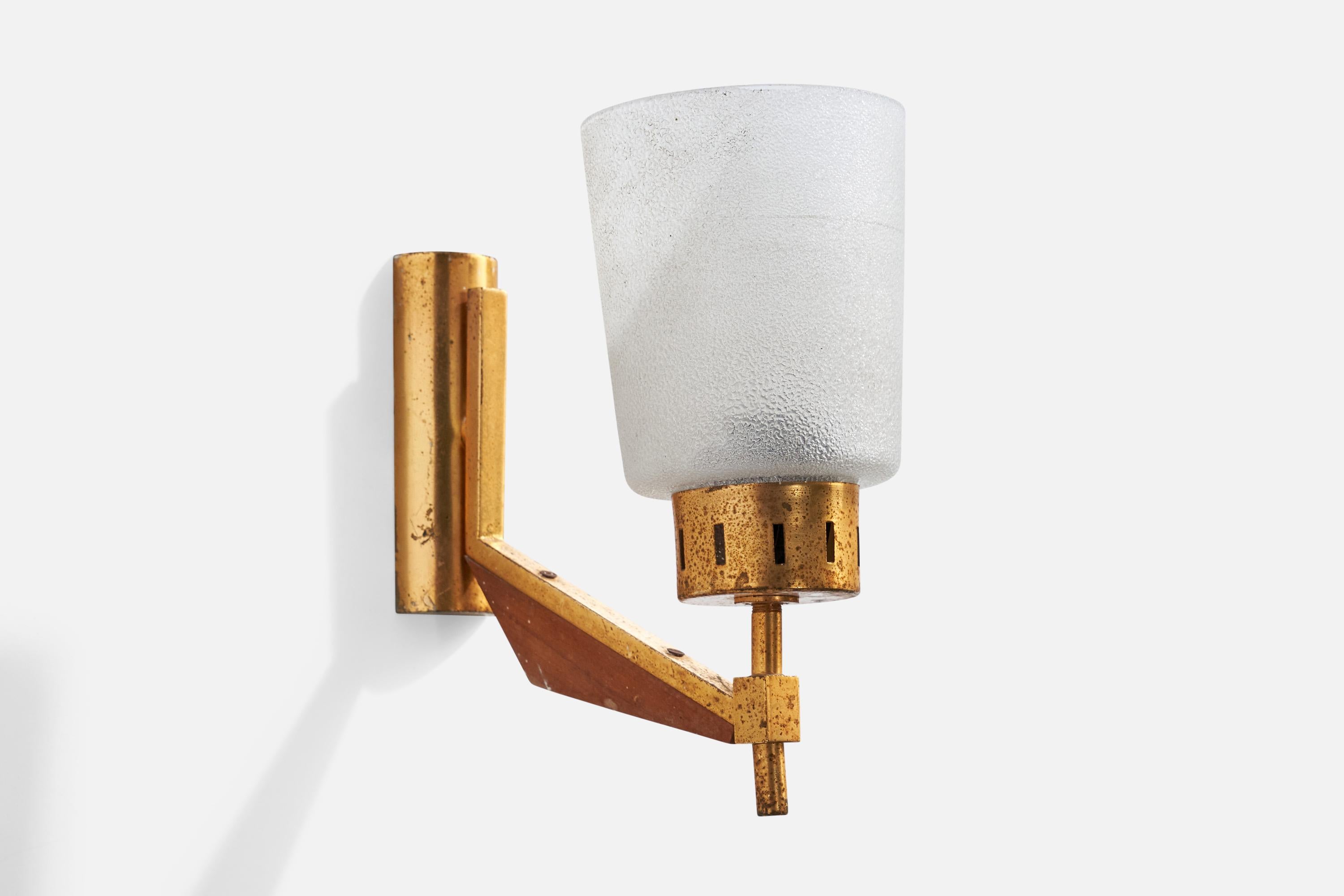 Mid-20th Century Italian Designer, Wall Lights, Brass, Teak, Glass, Italy, 1950s For Sale