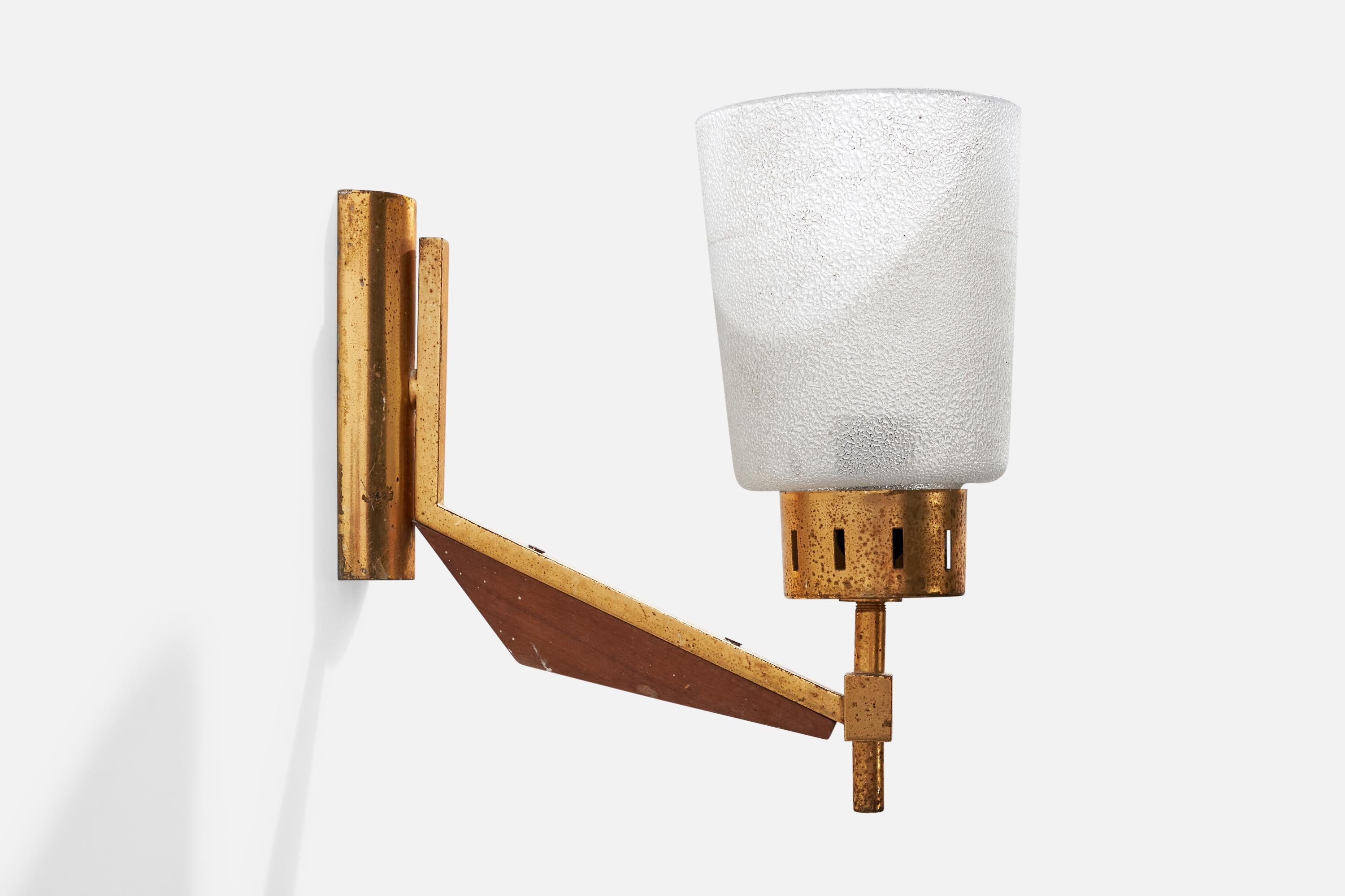 Italian Designer, Wall Lights, Brass, Teak, Glass, Italy, 1950s For Sale 1