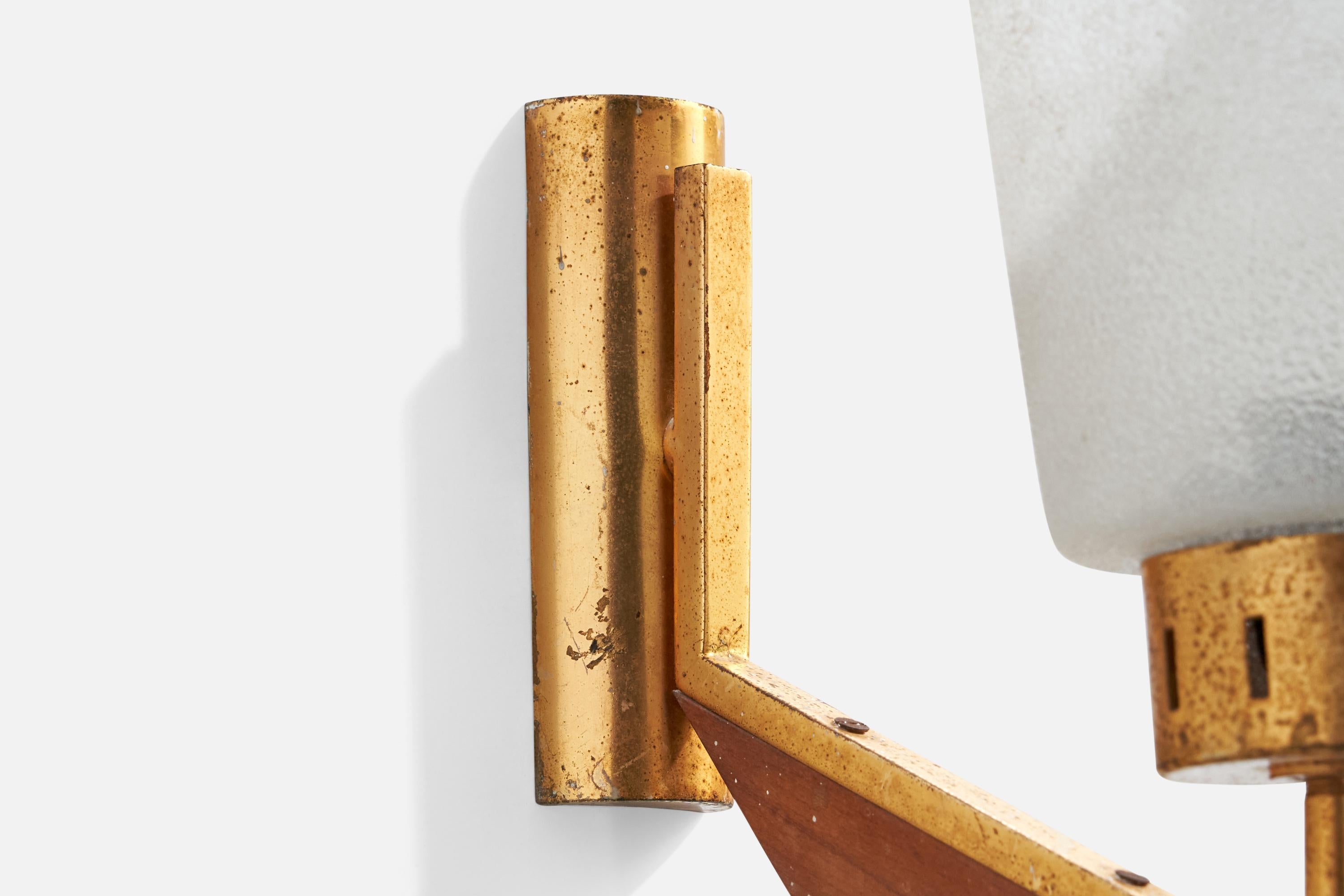 Italian Designer, Wall Lights, Brass, Teak, Glass, Italy, 1950s For Sale 2