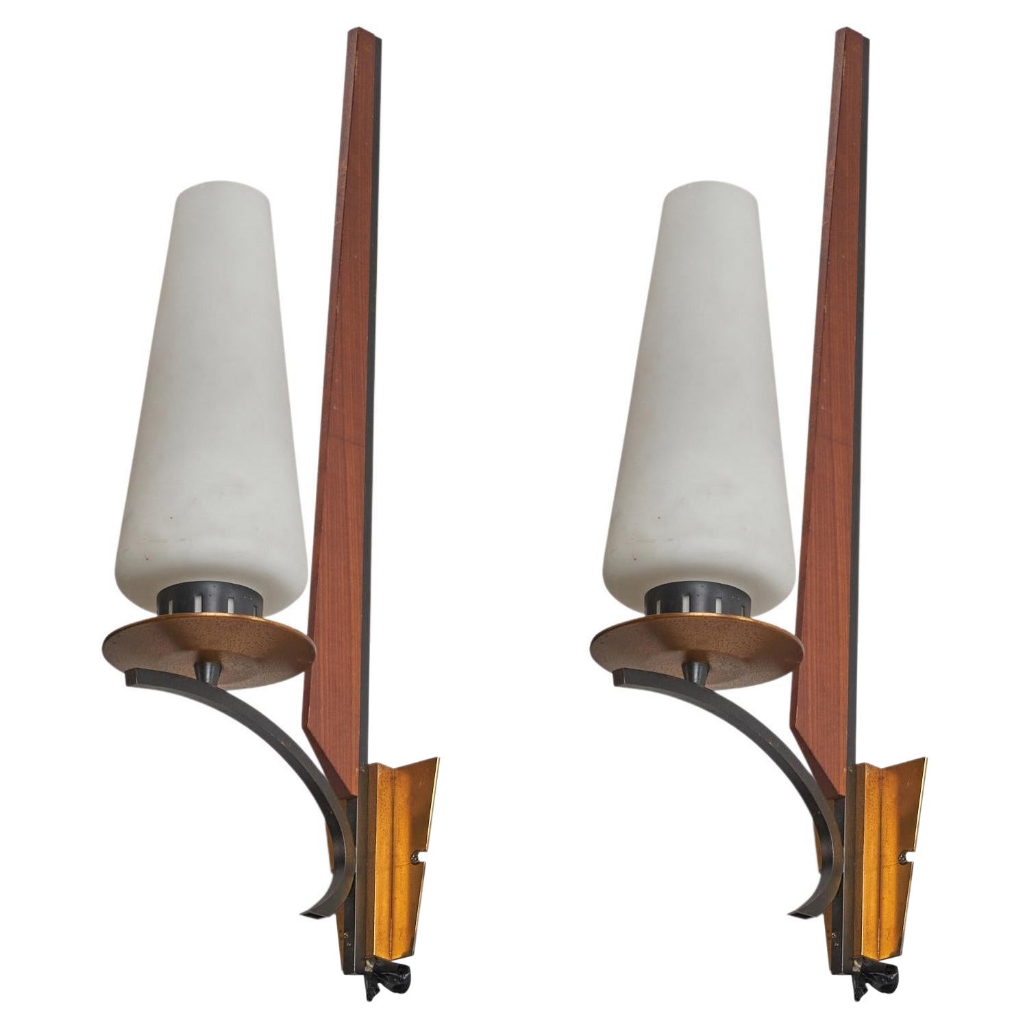 Italian Designer, Wall Lights, Brass, Teak, Metal, Milk Glass, Italy, 1950s For Sale