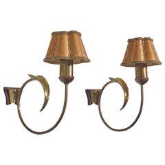 Italian Designer, Wall Lights, Brass, Wood, Parchment, Italy, 1940s