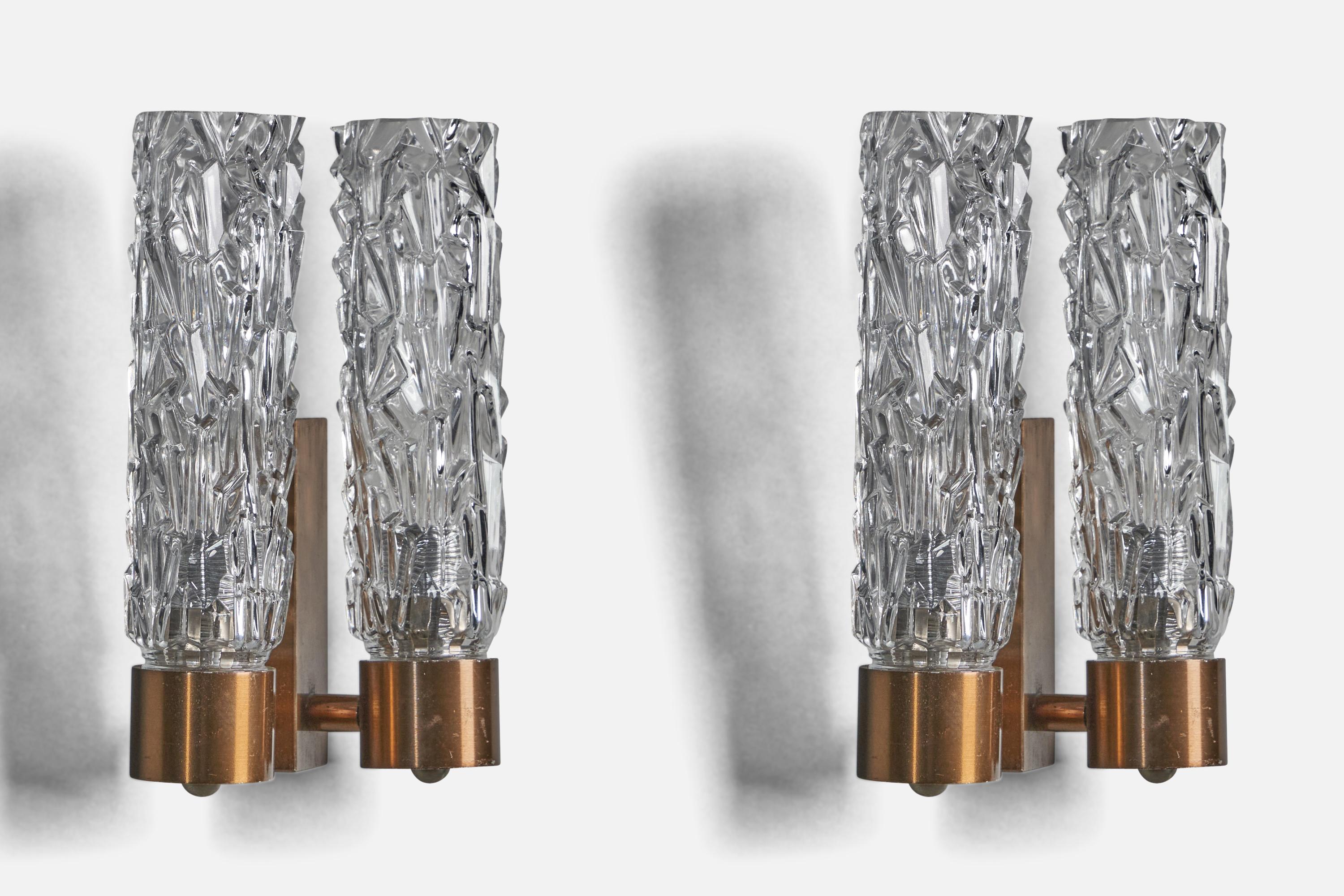 A pair of two-armed copper and glass wall lights, designed and produced in Italy, 1950s.

Overall Dimensions (inches): 9.25