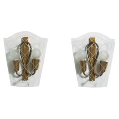 Italian Designer, Wall Lights, Glass, Brass, Italy, 1940s